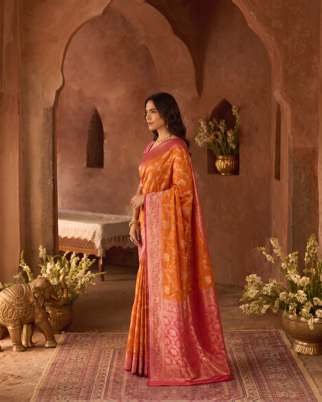 Meher Elephant Motif Festive Saree with Traditional Pallu - Orange Pink - side