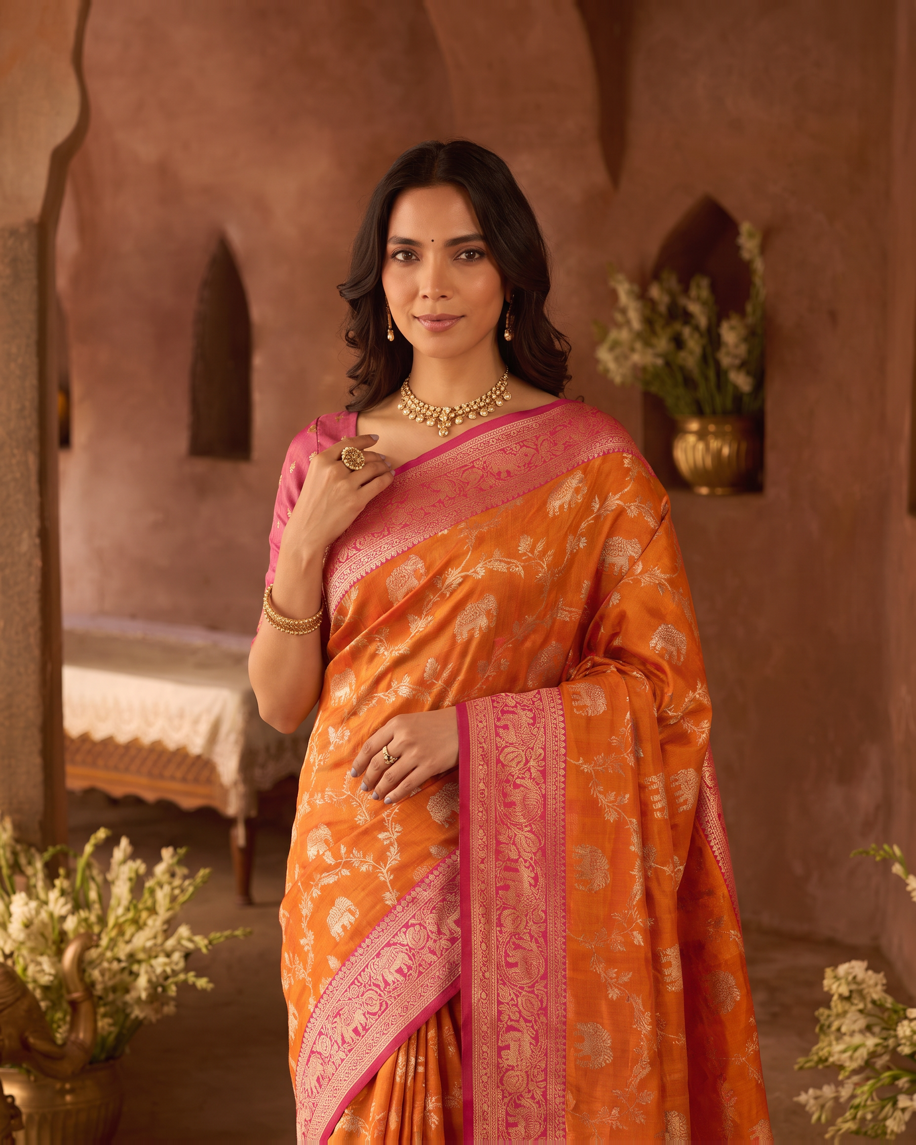 Meher Elephant Motif Festive Saree with Traditional Pallu - Orange Pink - upper closeup