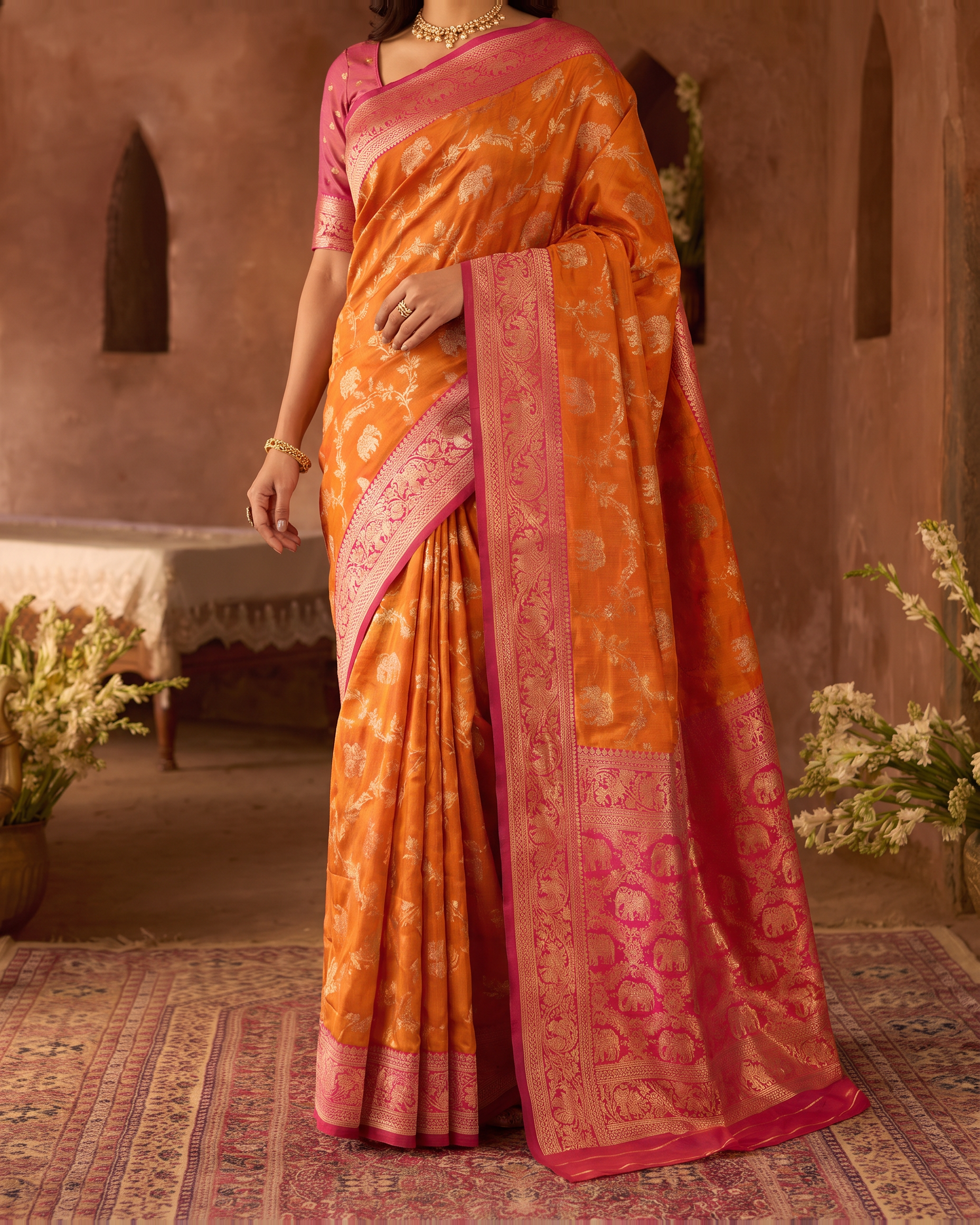 Meher Elephant Motif Festive Saree with Traditional Pallu - Orange Pink - lower closeup