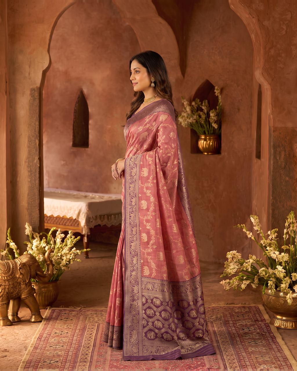 Meher Elephant Motif Festive Saree with Traditional Pallu - Pink Wine - side