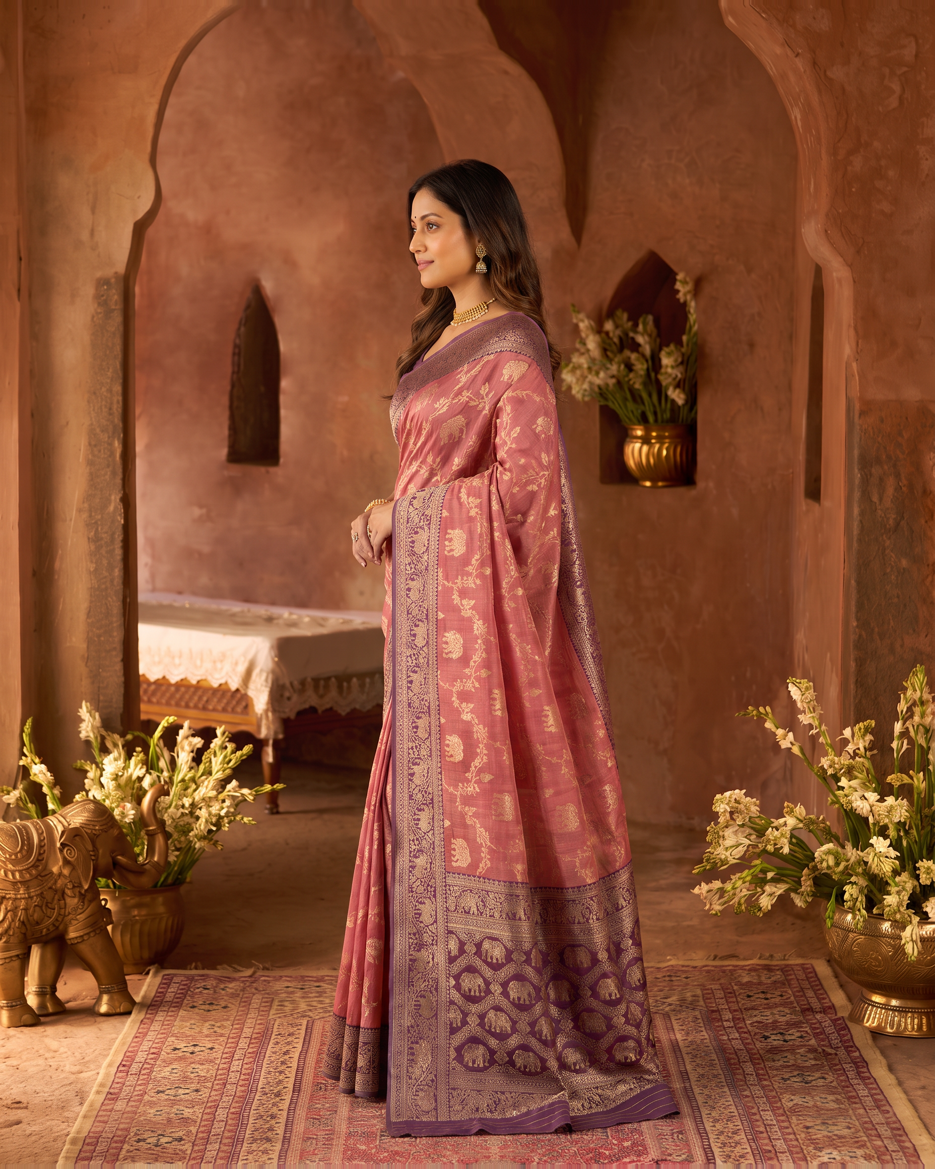 Meher Elephant Motif Festive Saree with Traditional Pallu - Pink Wine - side