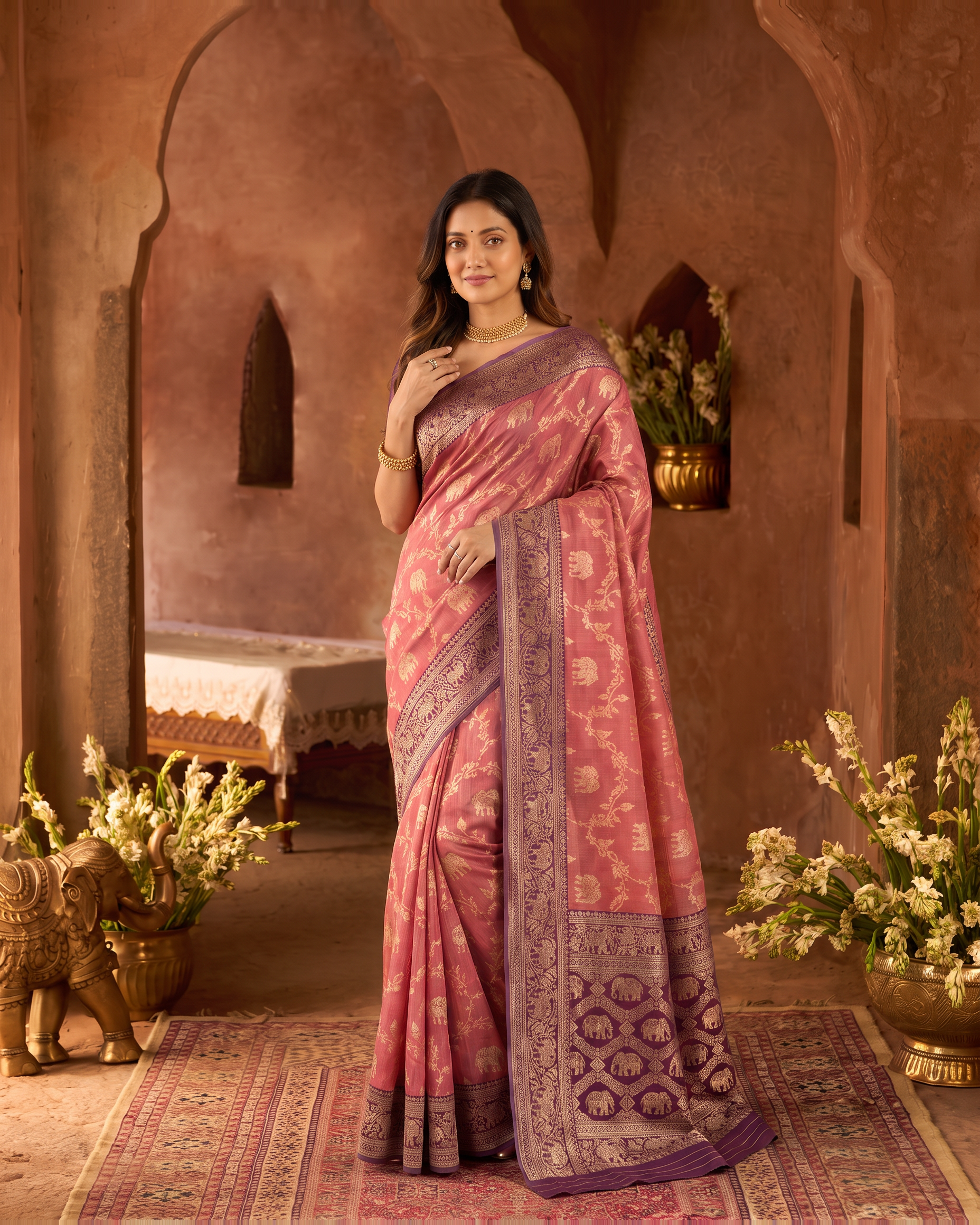 Meher Elephant Motif Festive Saree with Traditional Pallu - Pink Wine - upper closeup