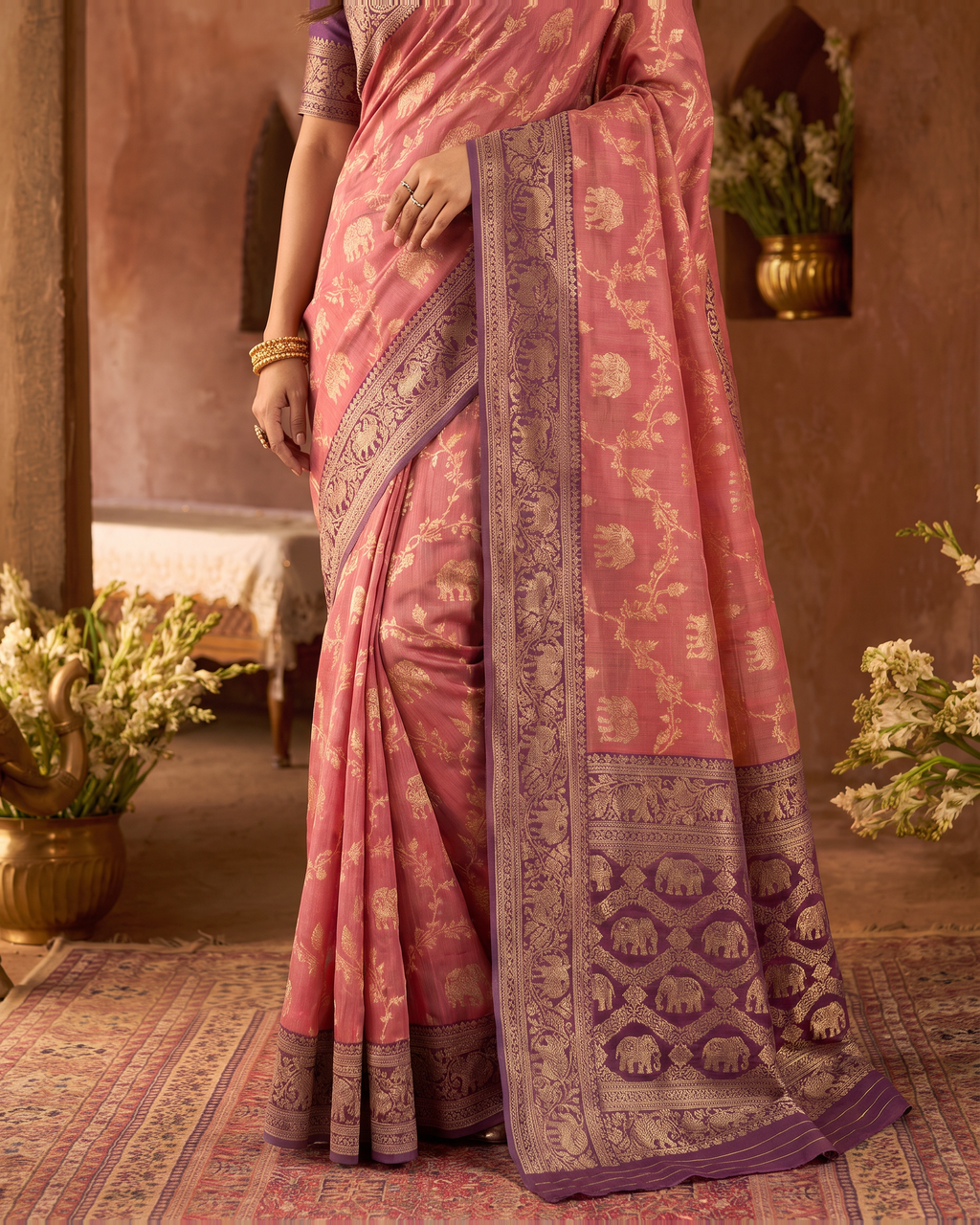 Meher Elephant Motif Festive Saree with Traditional Pallu - Pink Wine - lower closeup