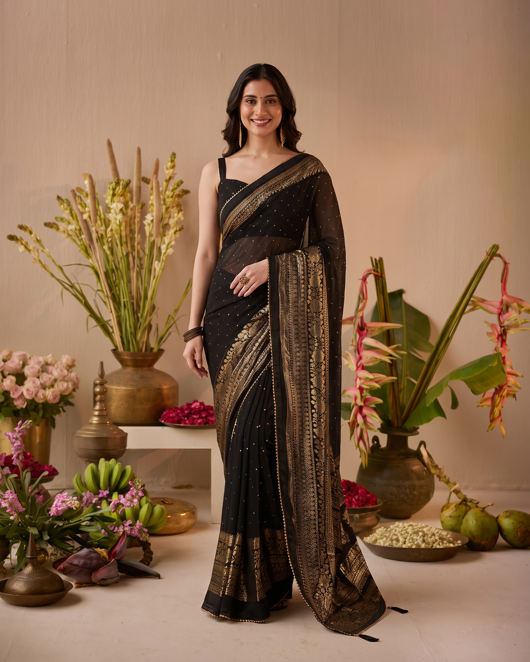 Midnight Black Georgette Sequins Designer Saree - full saree hero