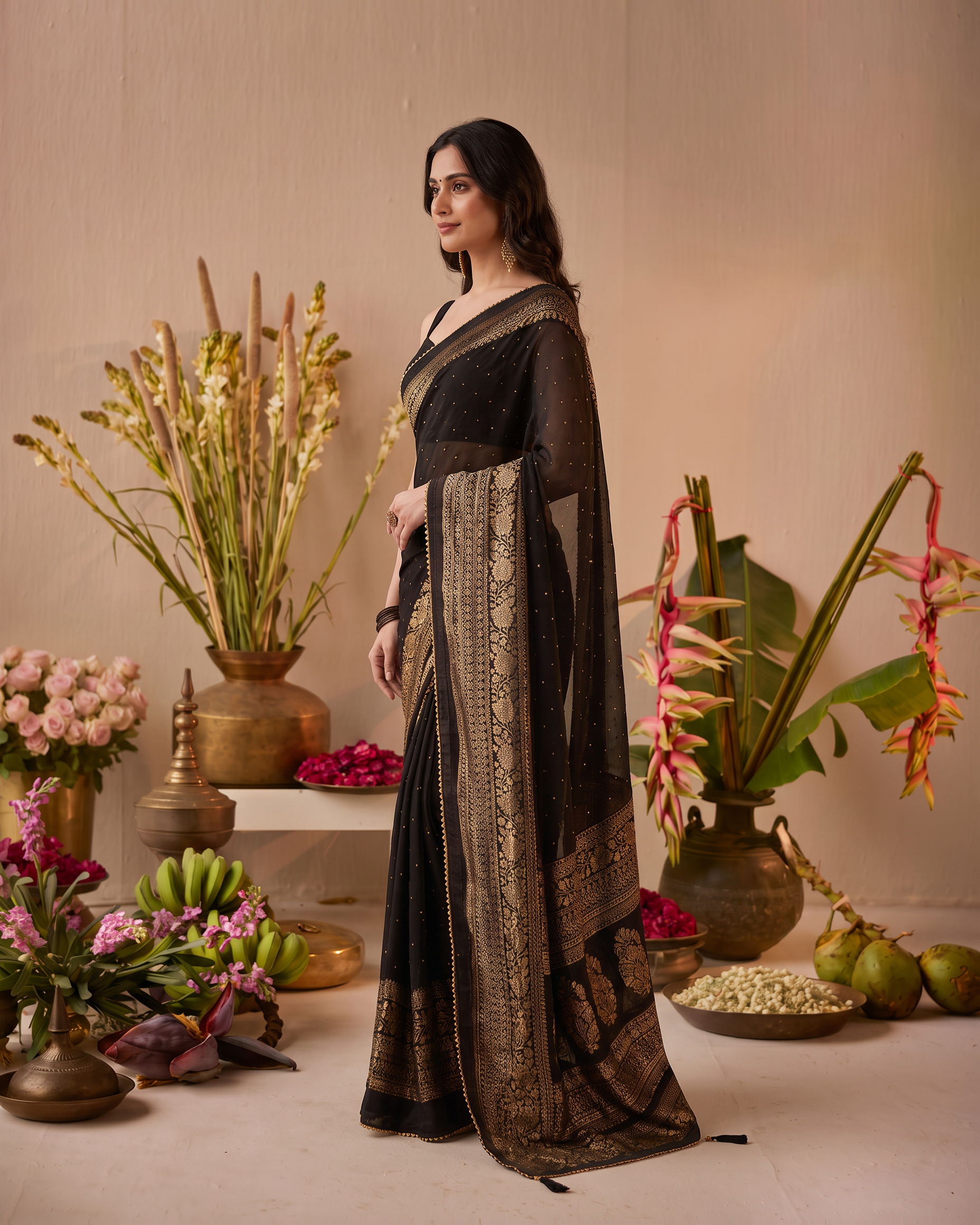 Midnight Black Georgette Sequins Designer Saree - side drape