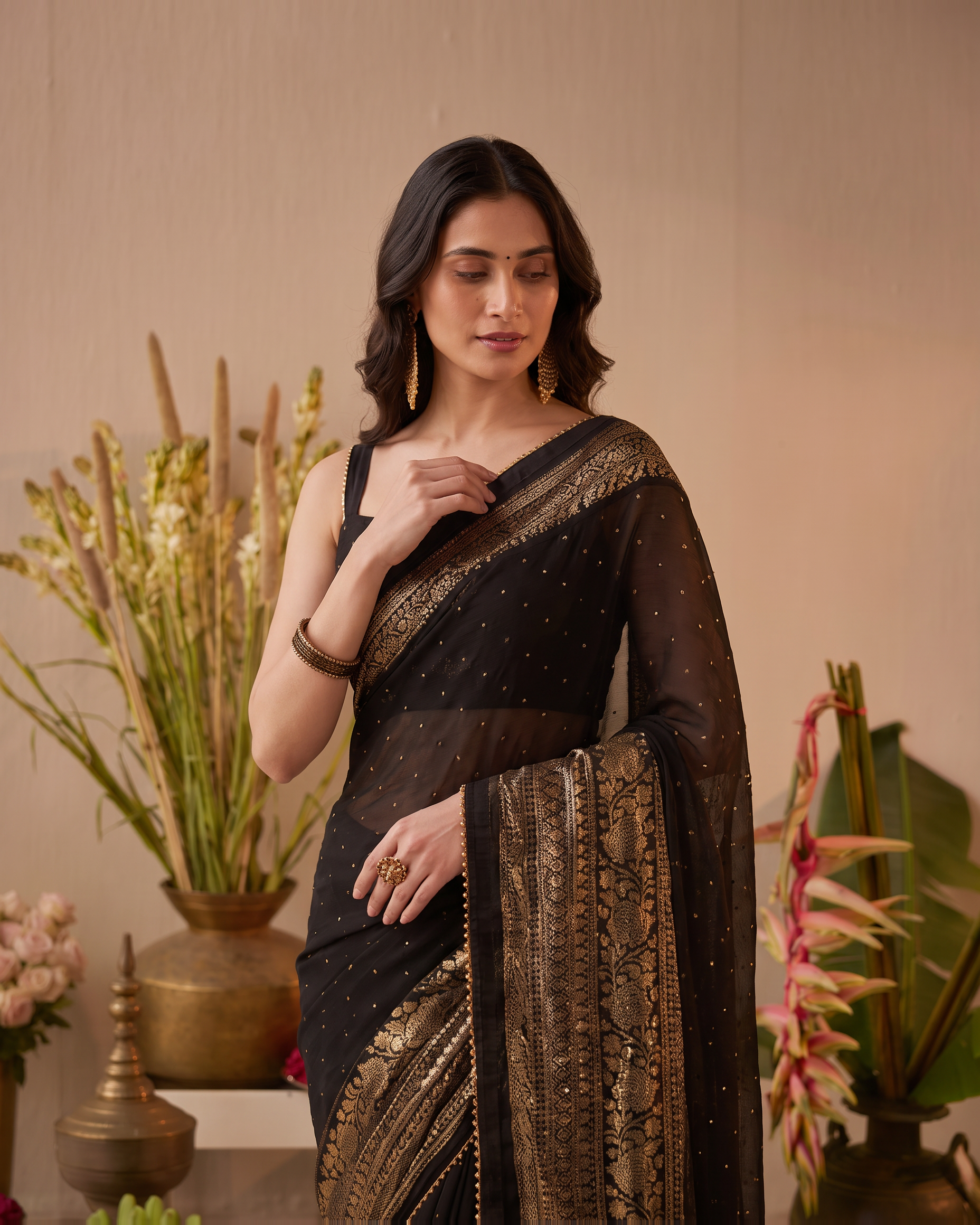 Midnight Black Georgette Sequins Designer Saree - upper closeup