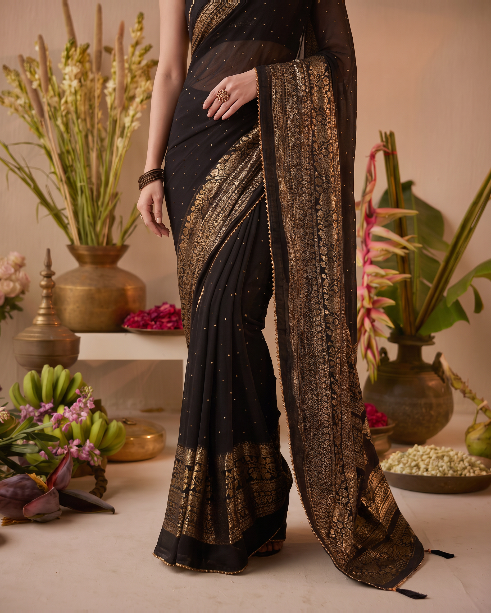Midnight Black Georgette Sequins Designer Saree - lower closeup
