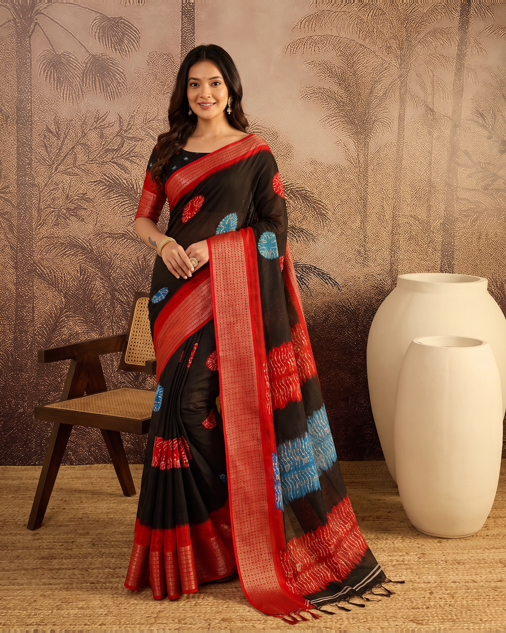 Mira Marshmallow Tone Festive Saree with Soft Contrast Pallu - Black Red - full saree hero