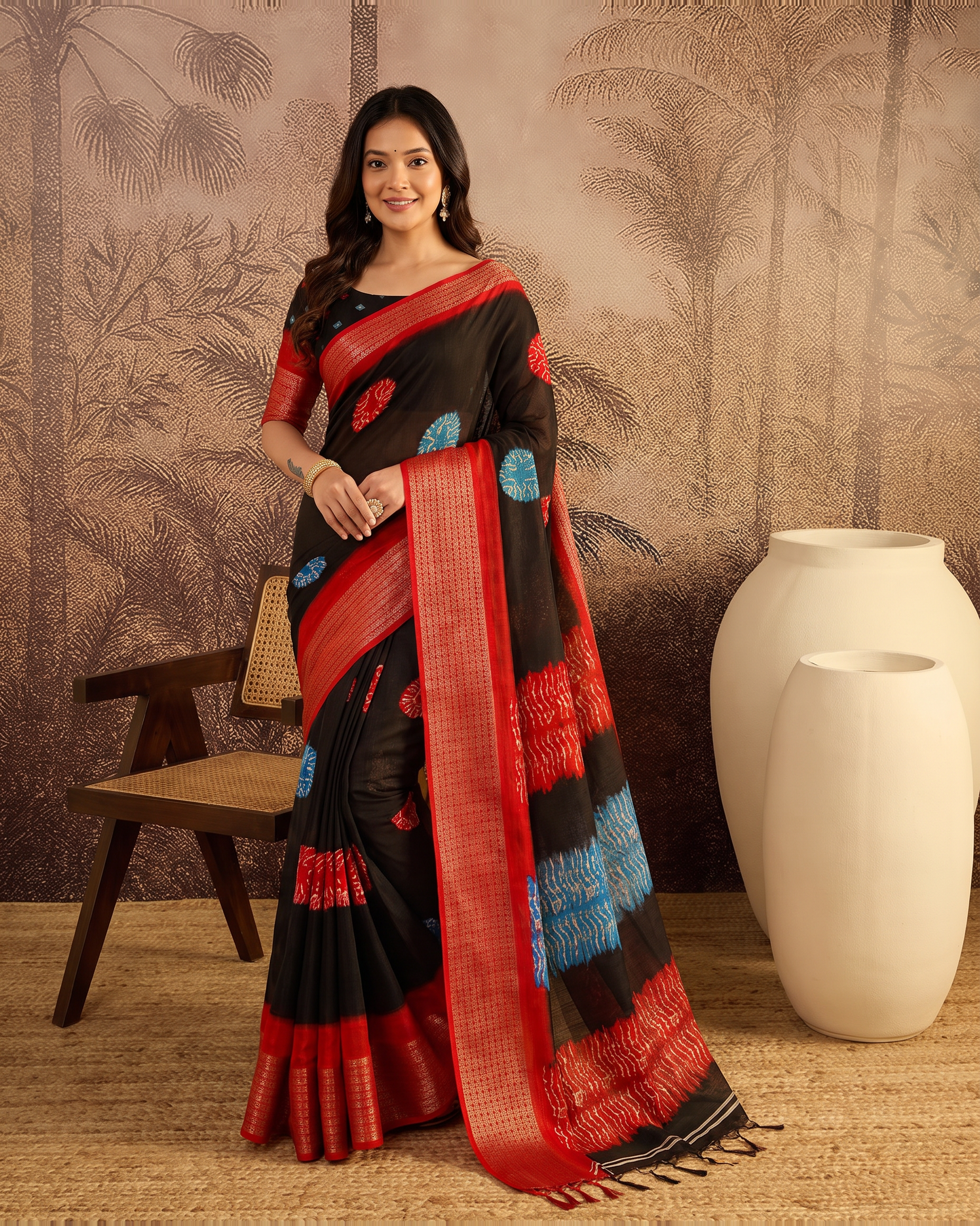 Mira Marshmallow Tone Festive Saree with Soft Contrast Pallu - Black Red - full saree hero