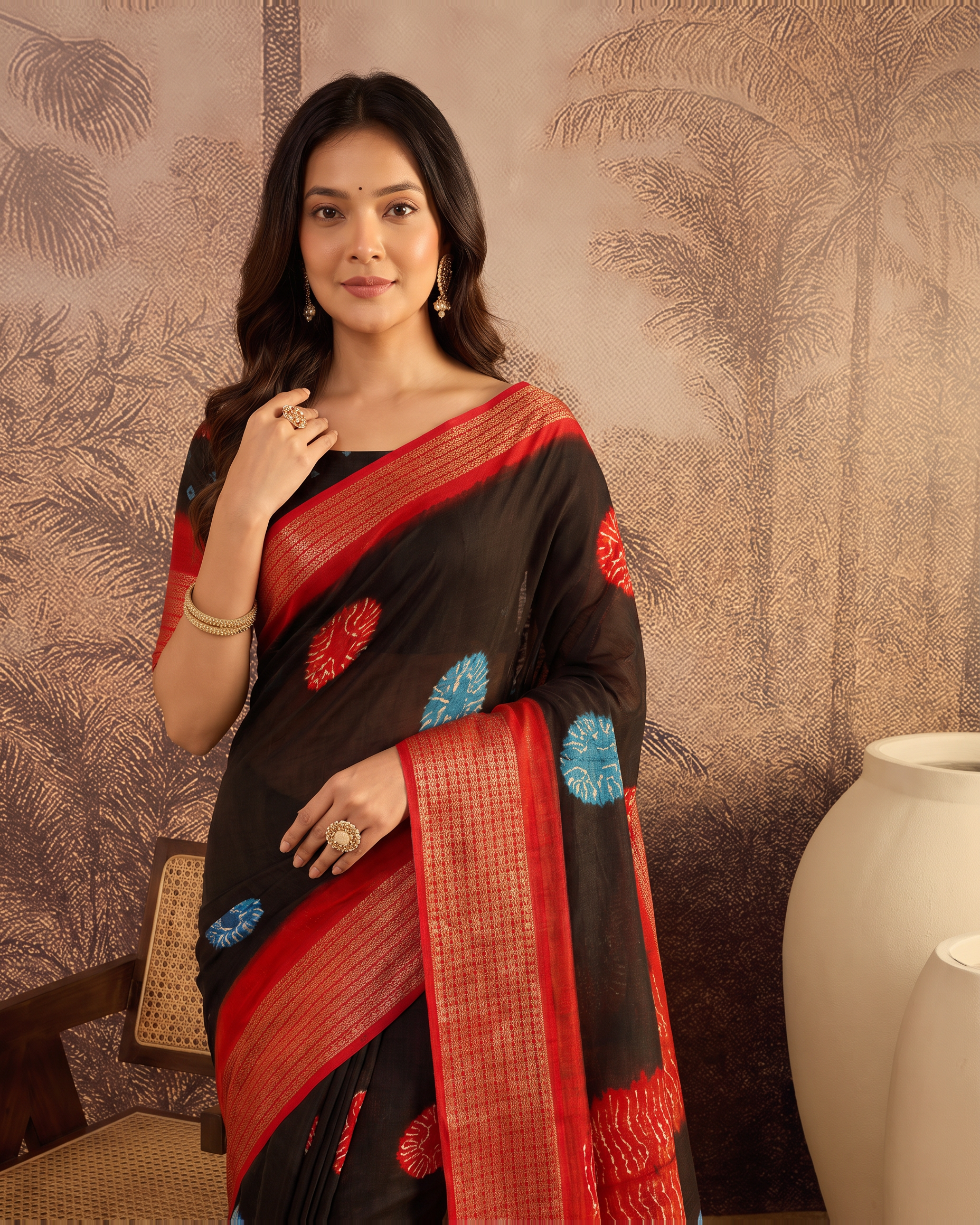 Mira Marshmallow Tone Festive Saree with Soft Contrast Pallu - Black Red - upper closeup