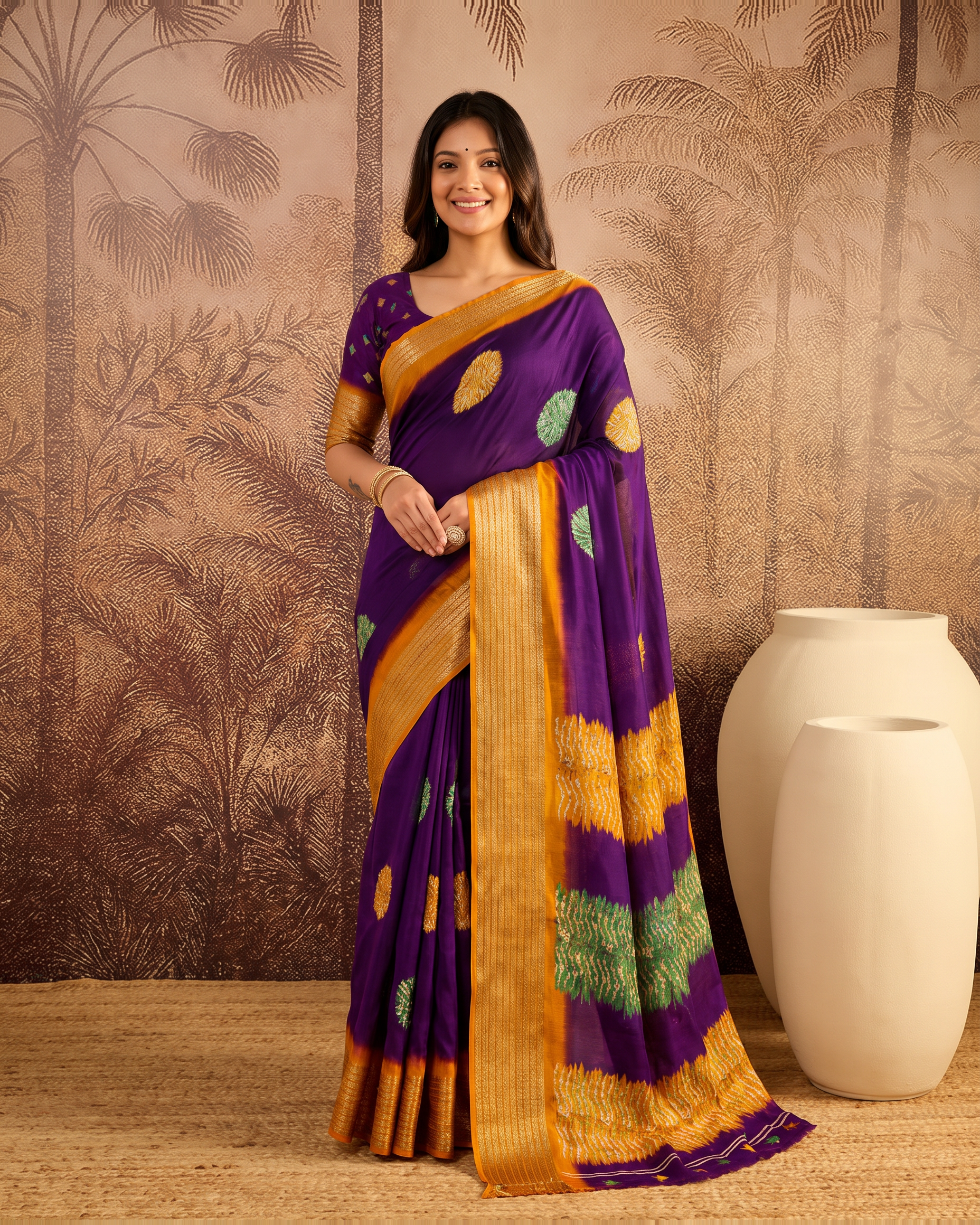 Mira Marshmallow Tone Festive Saree with Soft Contrast Pallu - Purple Orange - full saree hero