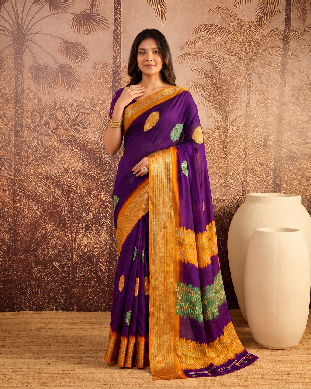 Mira Marshmallow Tone Festive Saree with Soft Contrast Pallu - Purple Orange - upper closeup