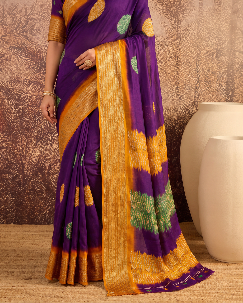 Mira Marshmallow Tone Festive Saree with Soft Contrast Pallu - Purple Orange - lower closeup
