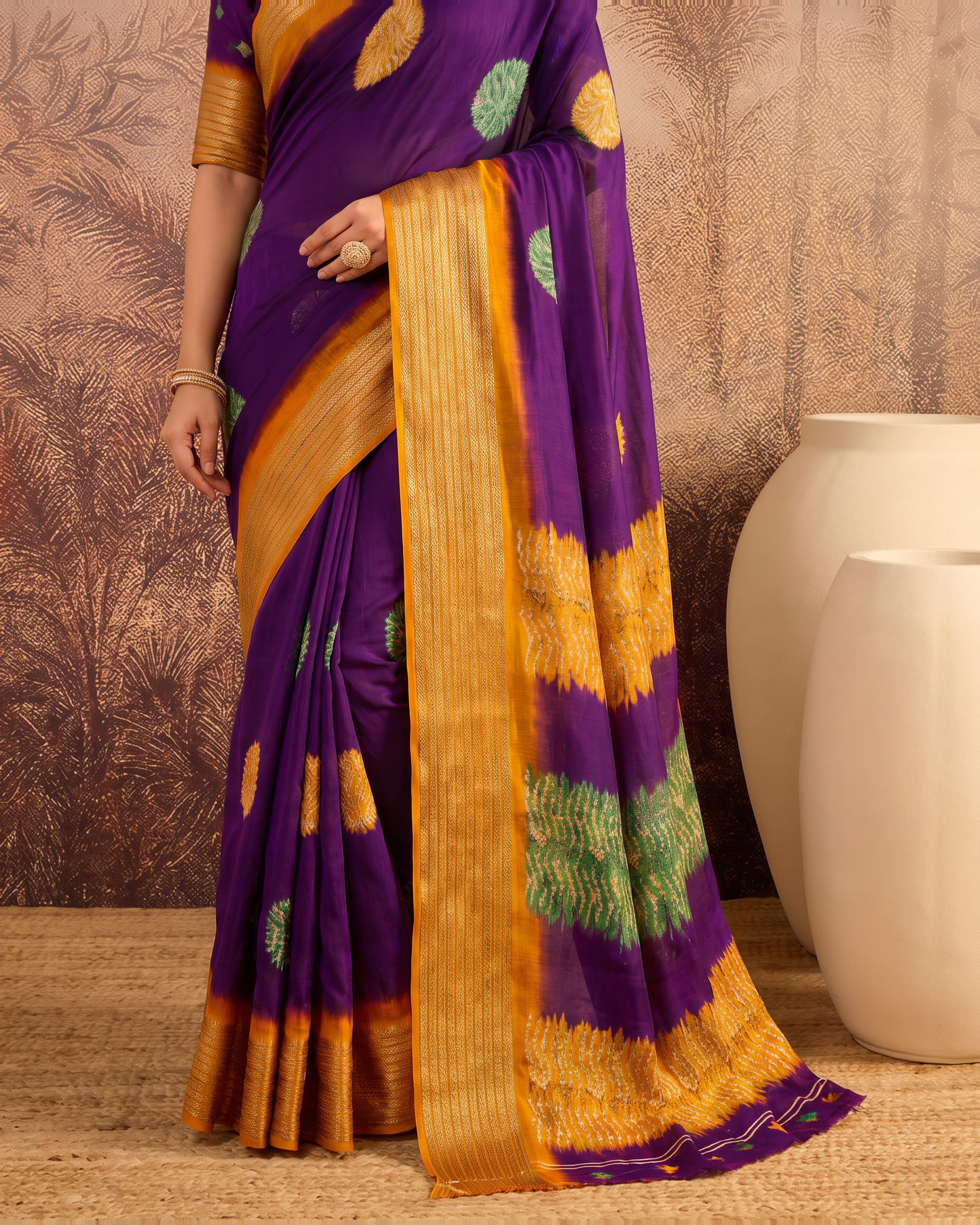 Mira Marshmallow Tone Festive Saree with Soft Contrast Pallu - Purple Orange - lower closeup