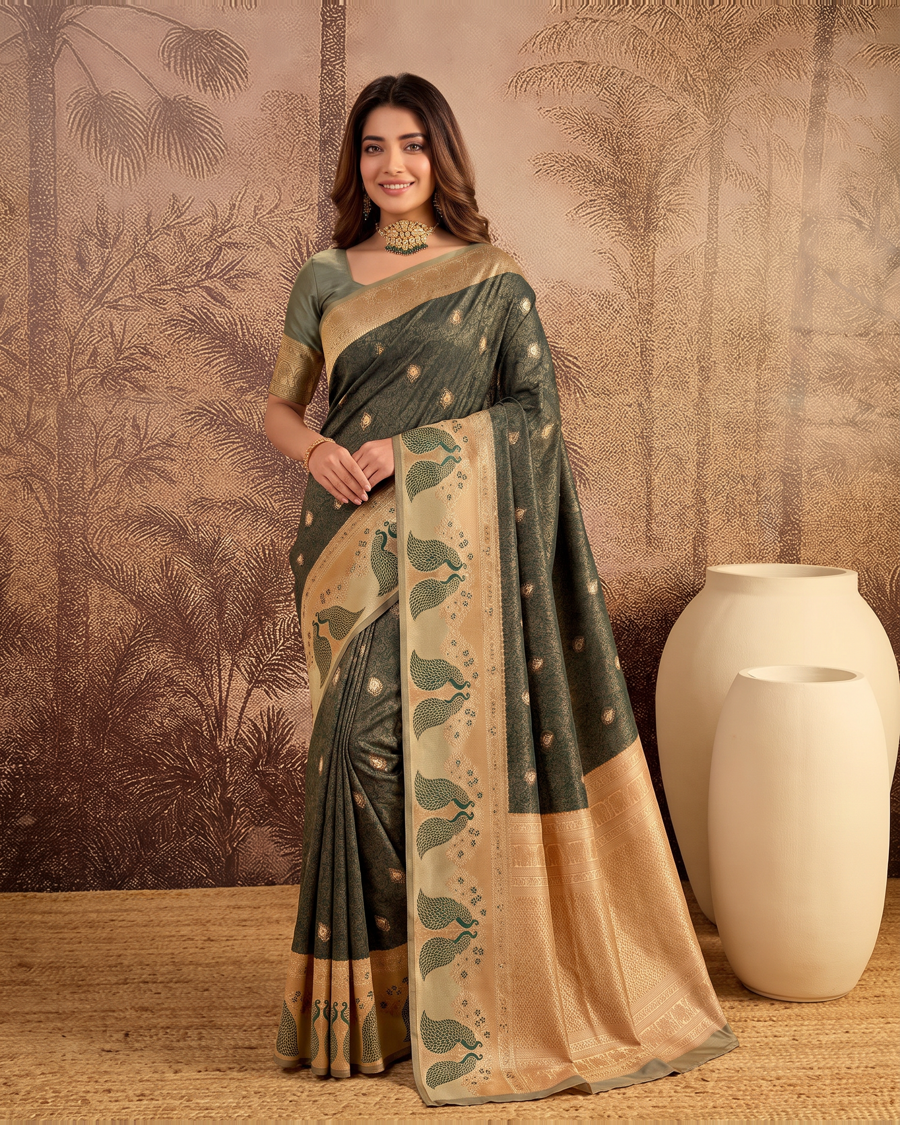 Mishka Colour Rich Festive Saree with Traditional Finish - Beige Green - full saree hero