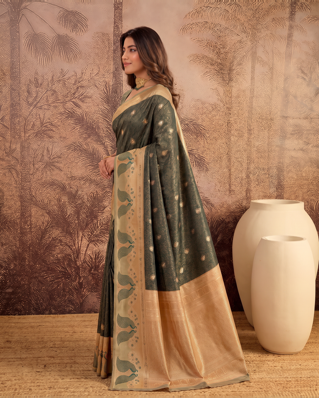 Mishka Colour Rich Festive Saree with Traditional Finish - Beige Green - side