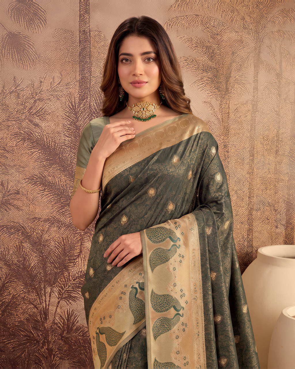 Mishka Colour Rich Festive Saree with Traditional Finish - Beige Green - upper closeup