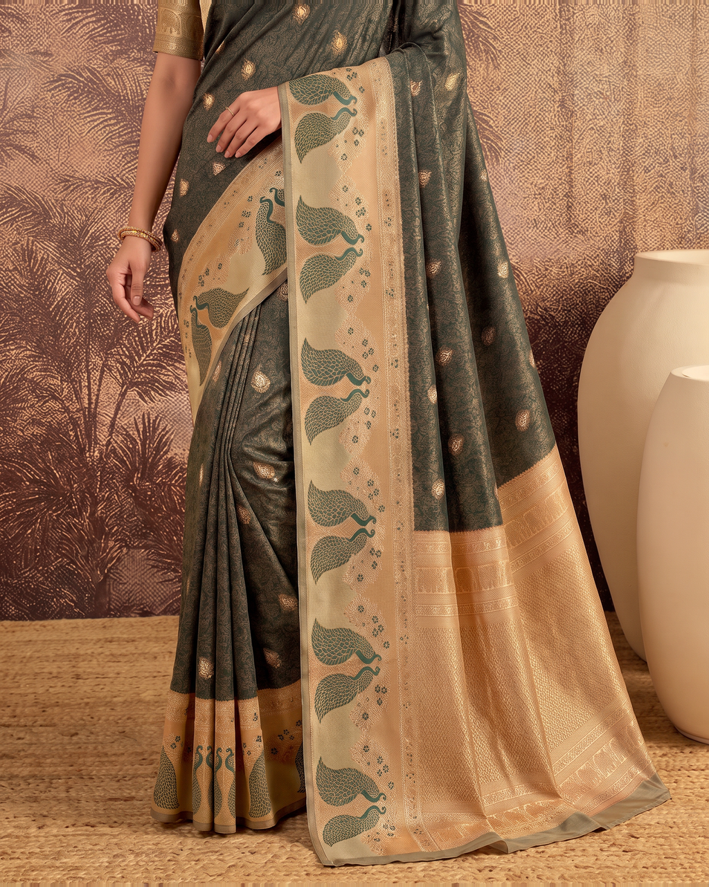 Mishka Colour Rich Festive Saree with Traditional Finish - Beige Green - lower closeup
