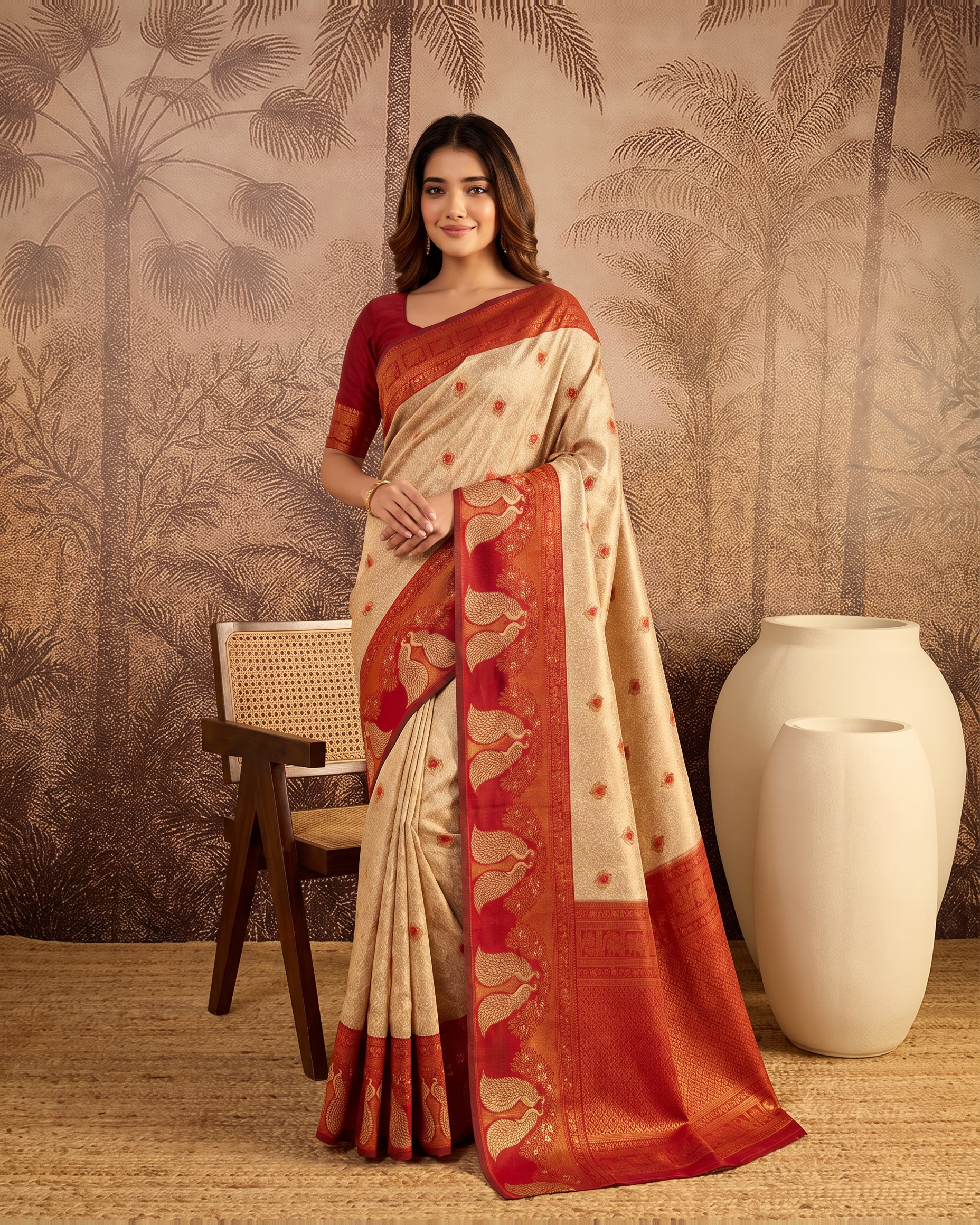 Mishka Colour Rich Festive Saree with Traditional Finish - Beige Red - full saree hero
