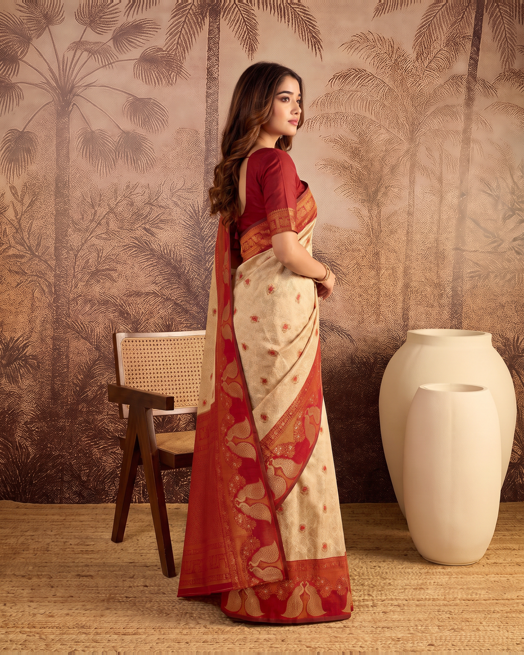 Mishka Colour Rich Festive Saree with Traditional Finish - Beige Red - side