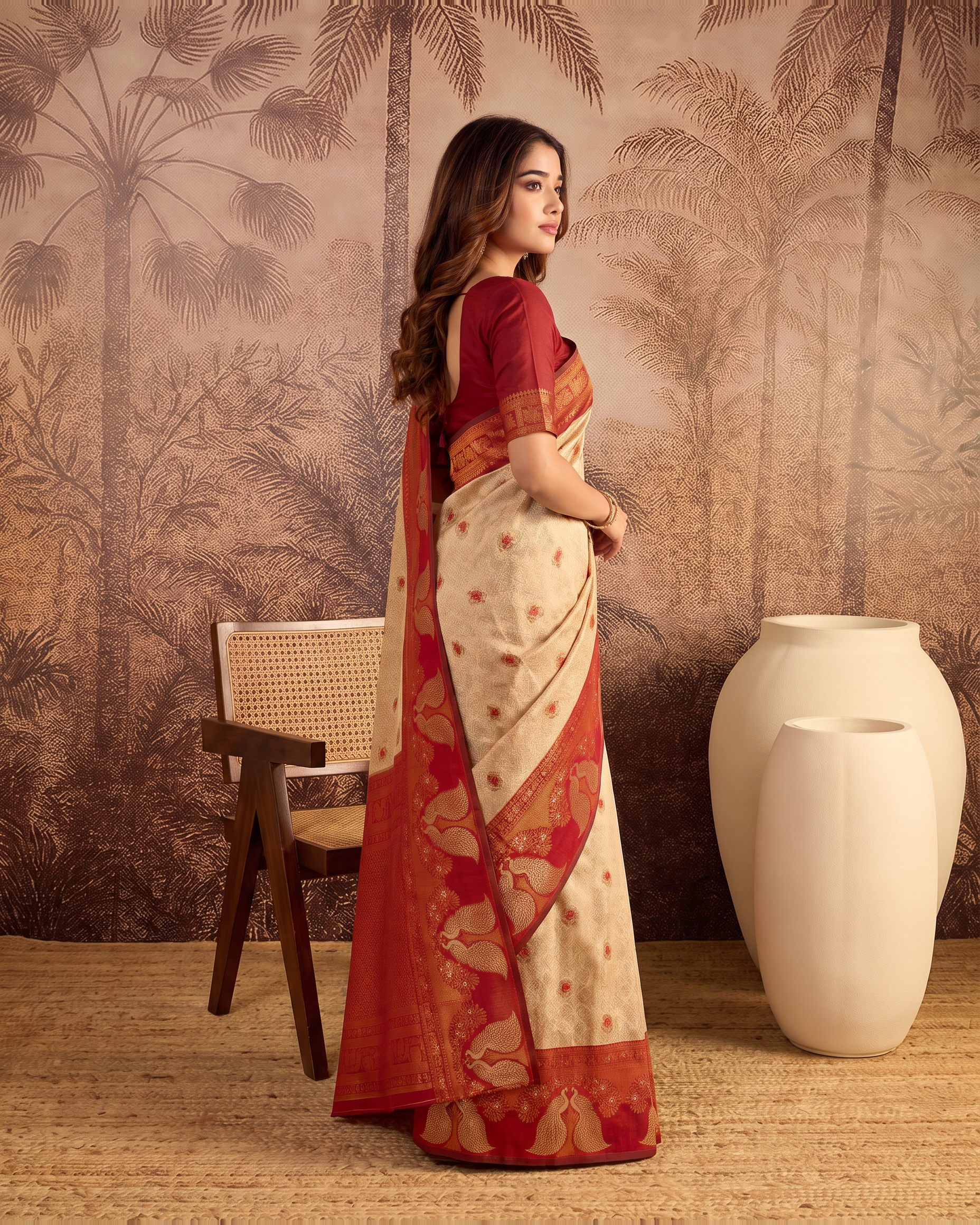 Mishka Colour Rich Festive Saree with Traditional Finish - Beige Red - side