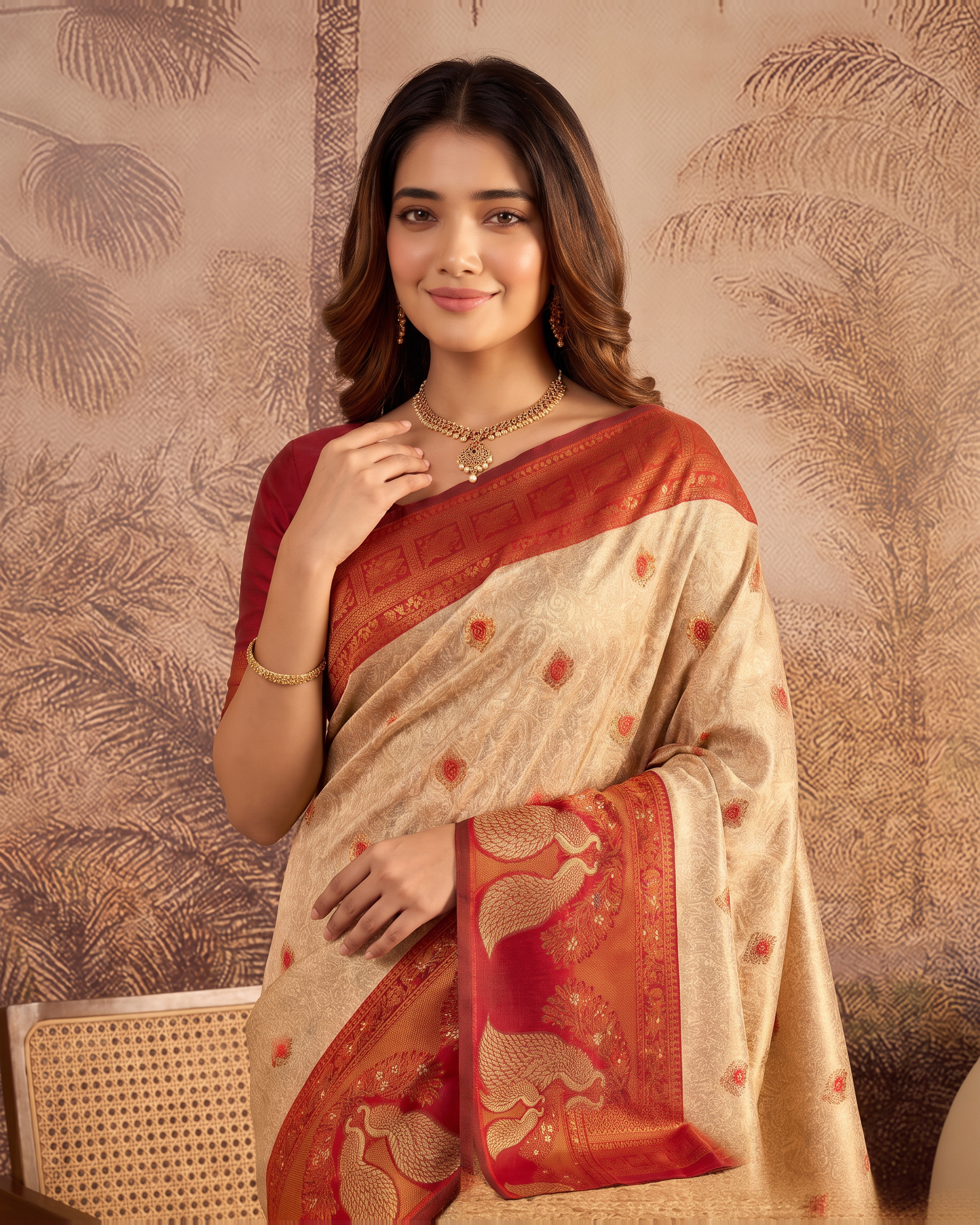 Mishka Colour Rich Festive Saree with Traditional Finish - Beige Red - upper closeup