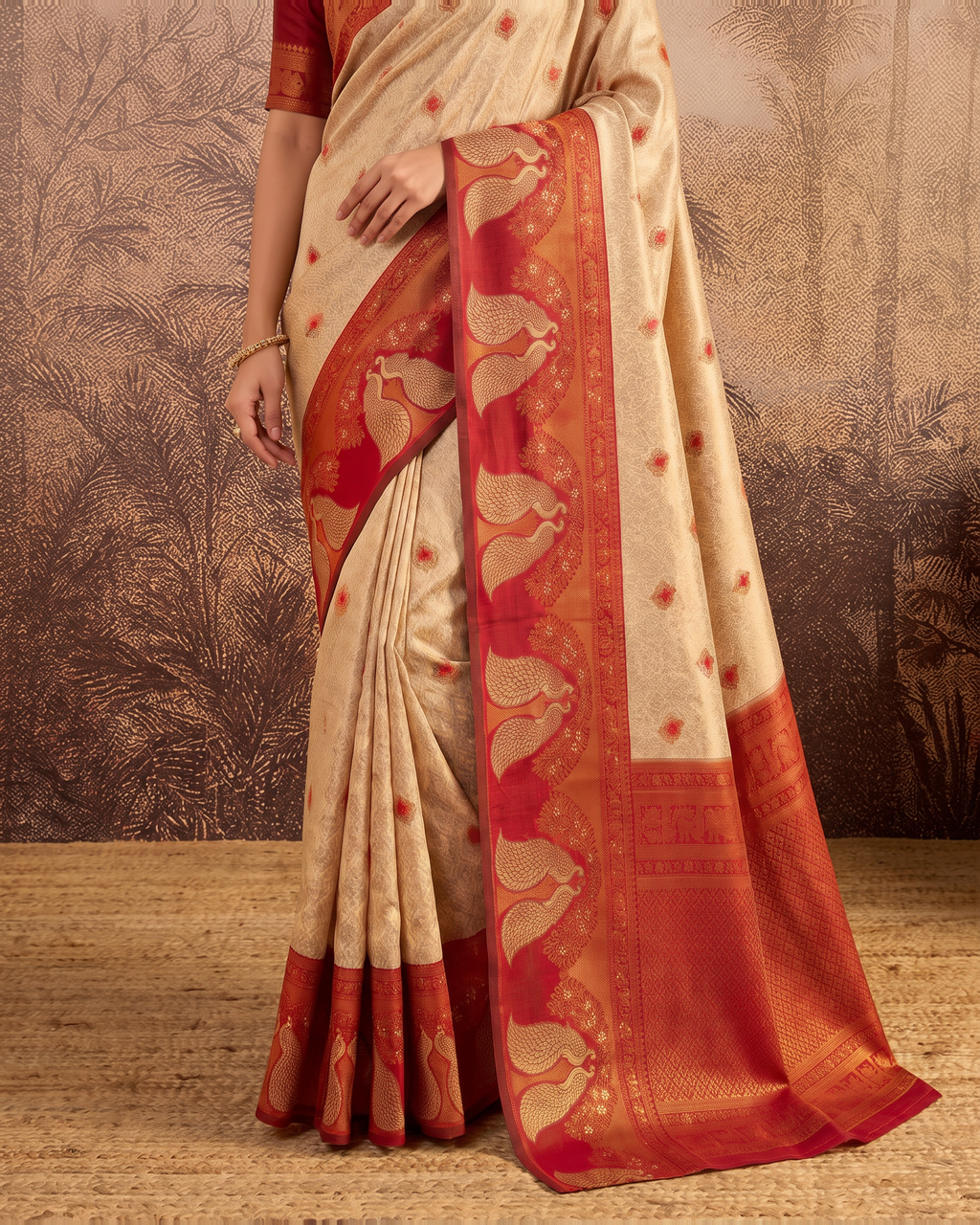 Mishka Colour Rich Festive Saree with Traditional Finish - Beige Red - lower closeup