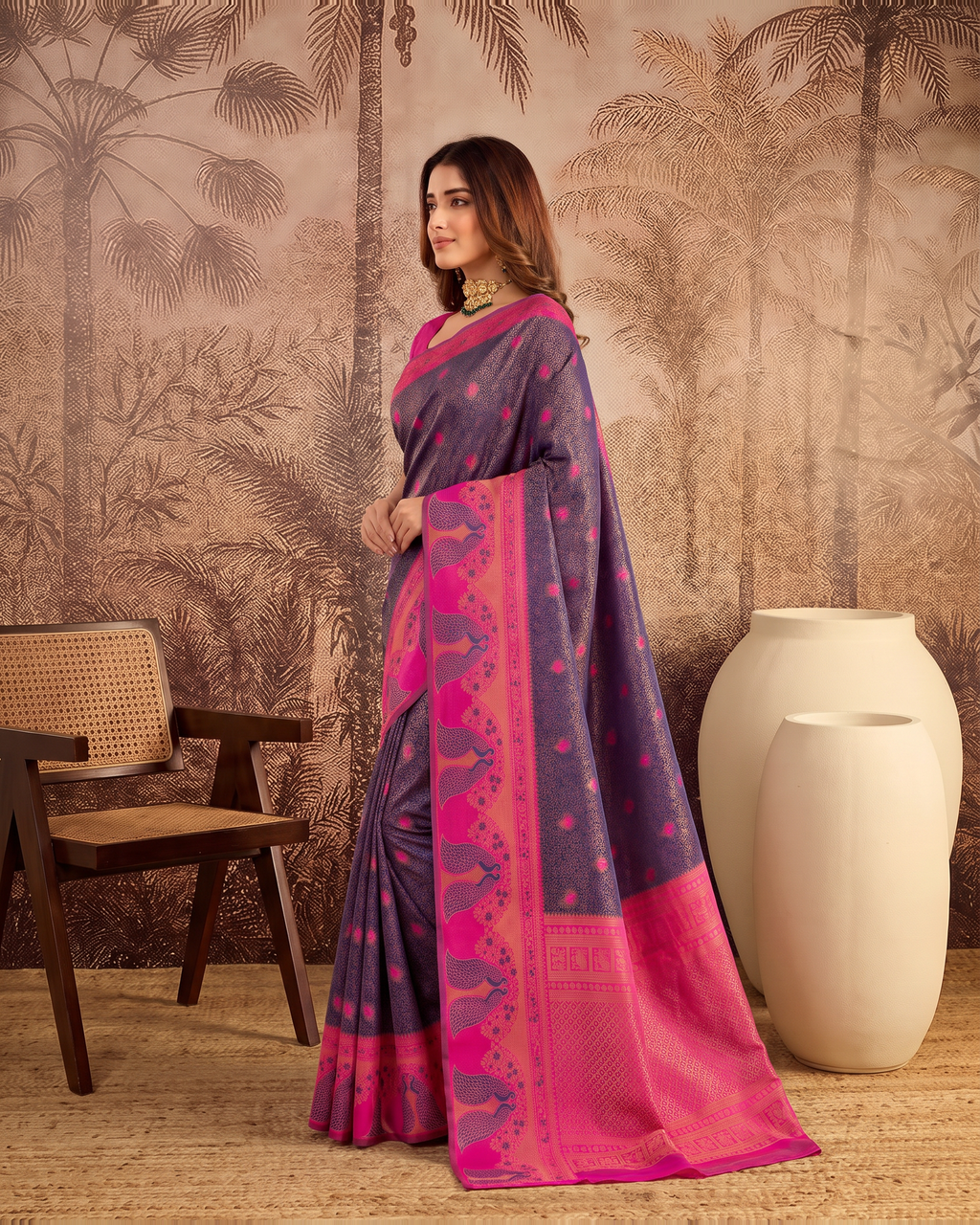 Mishka Colour Rich Festive Saree with Traditional Finish - Black Pink - side