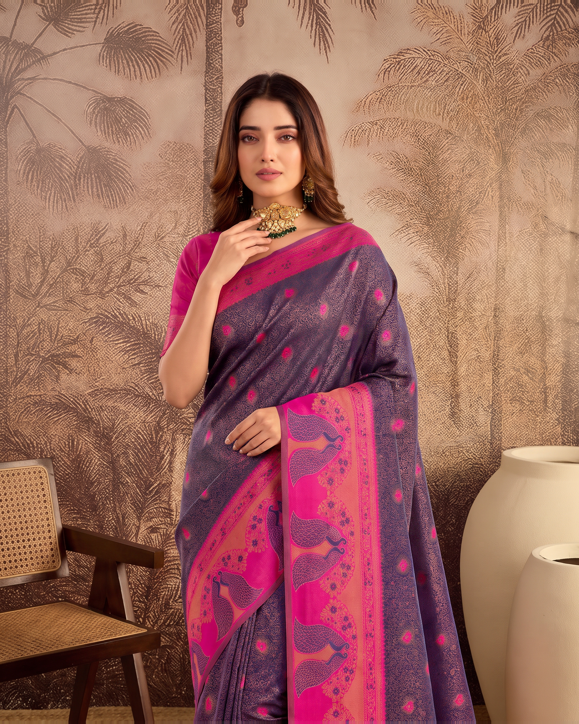 Mishka Colour Rich Festive Saree with Traditional Finish - Black Pink - upper closeup