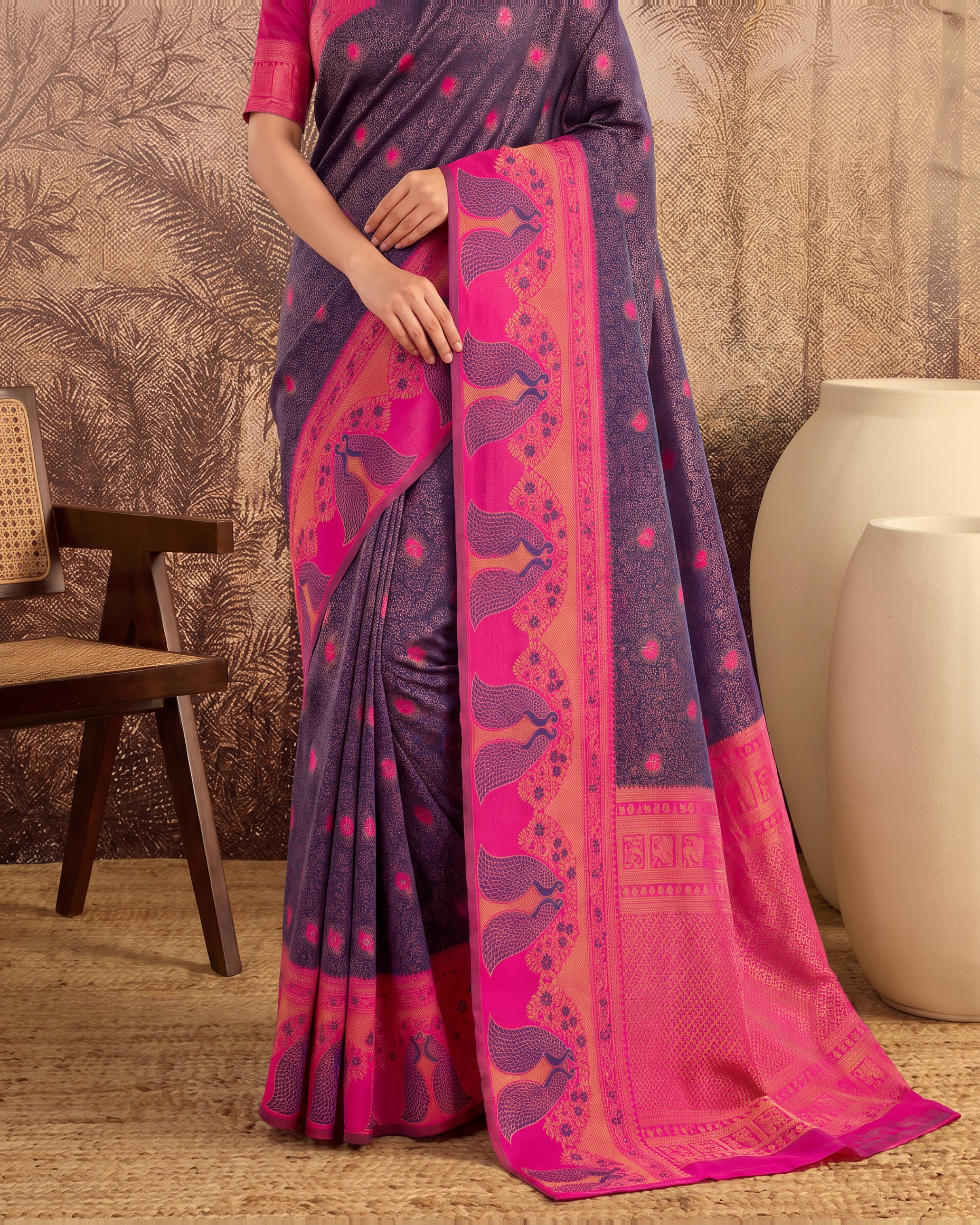 Mishka Colour Rich Festive Saree with Traditional Finish - Black Pink - lower closeup