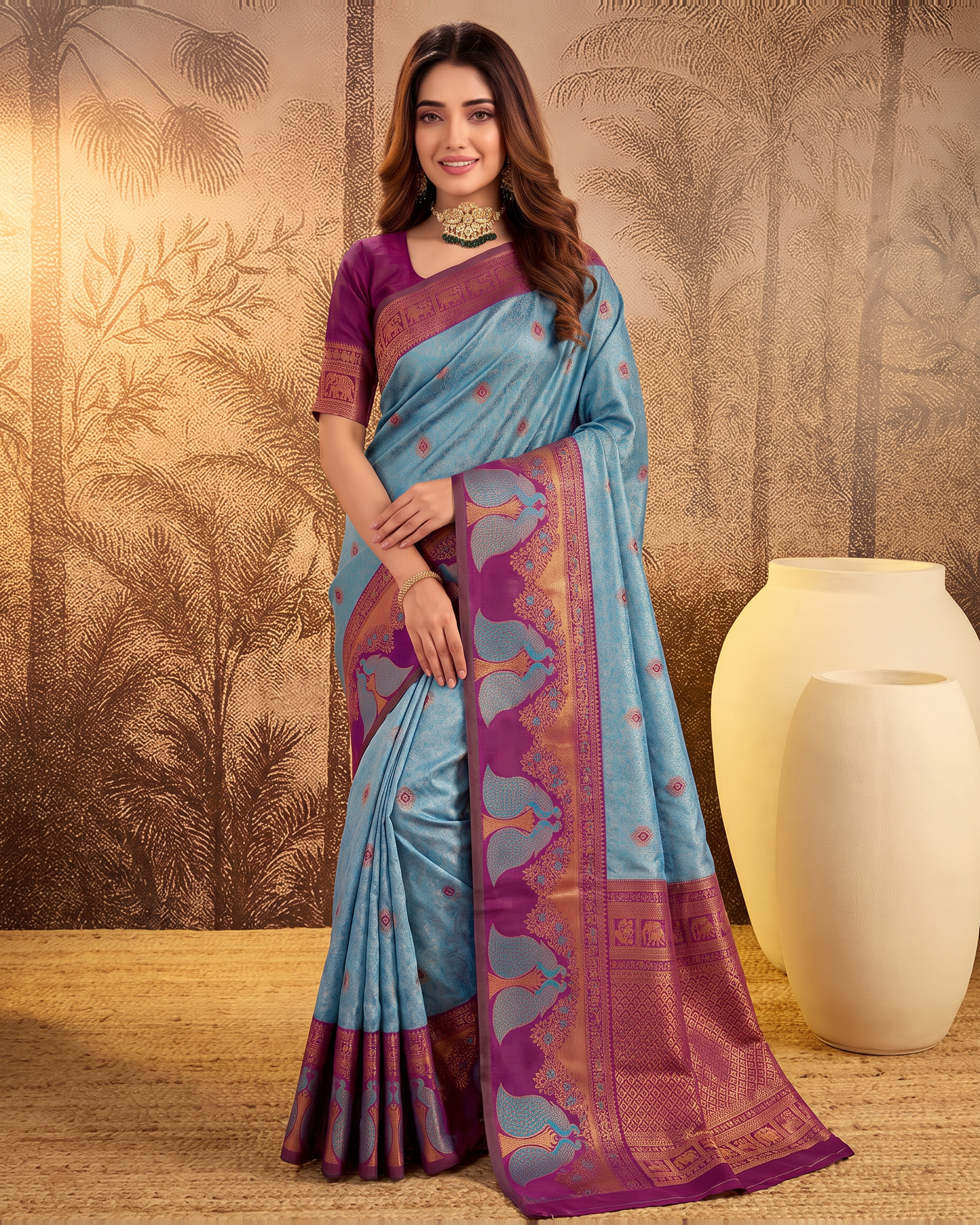 Mishka Colour Rich Festive Saree with Traditional Finish - Blue Wine - full saree hero