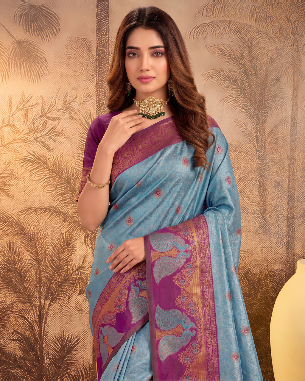Mishka Colour Rich Festive Saree with Traditional Finish - Blue Wine - upper closeup