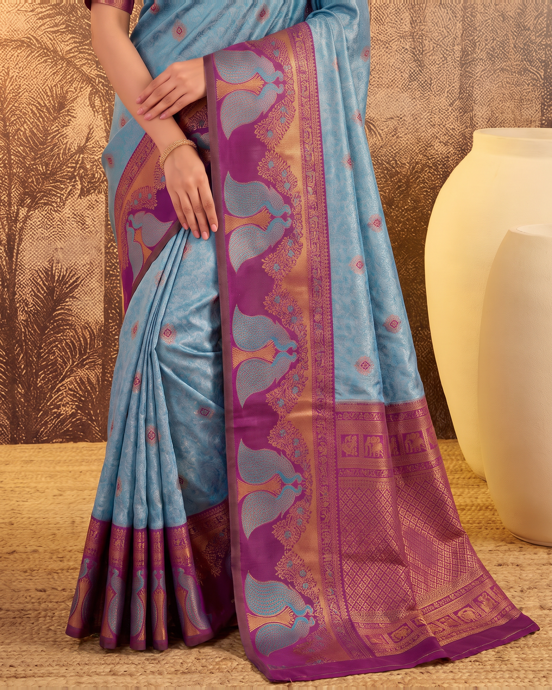 Mishka Colour Rich Festive Saree with Traditional Finish - Blue Wine - lower closeup