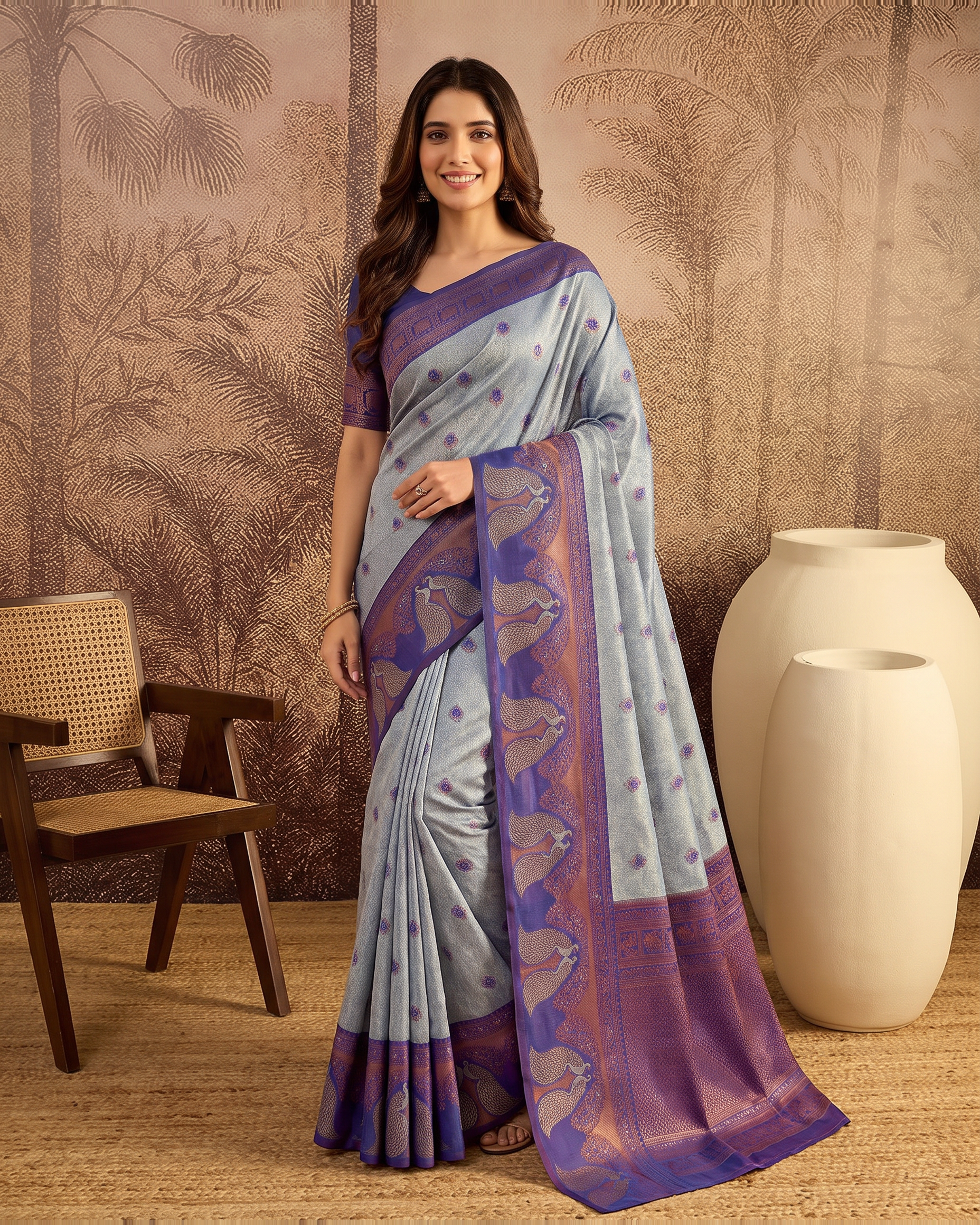 Mishka Colour Rich Festive Saree with Traditional Finish - Grey Purple - full saree hero