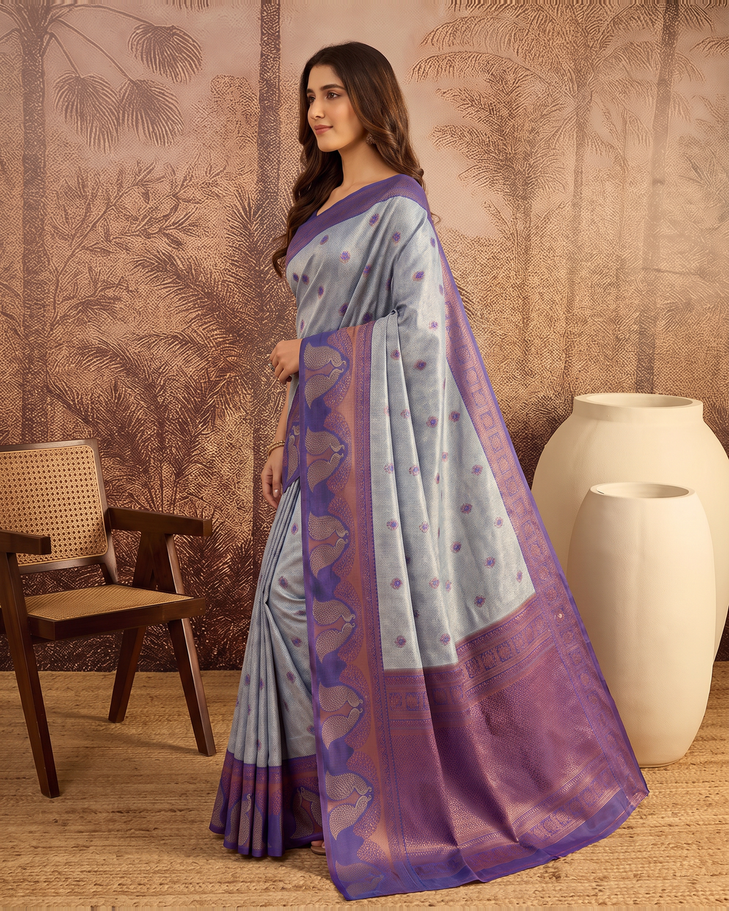 Mishka Colour Rich Festive Saree with Traditional Finish - Grey Purple - side