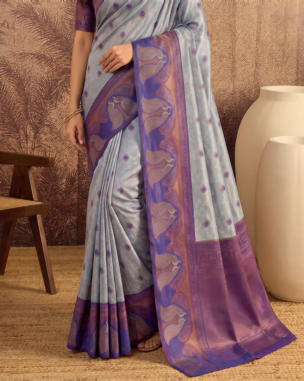 Mishka Colour Rich Festive Saree with Traditional Finish - Grey Purple - lower closeup