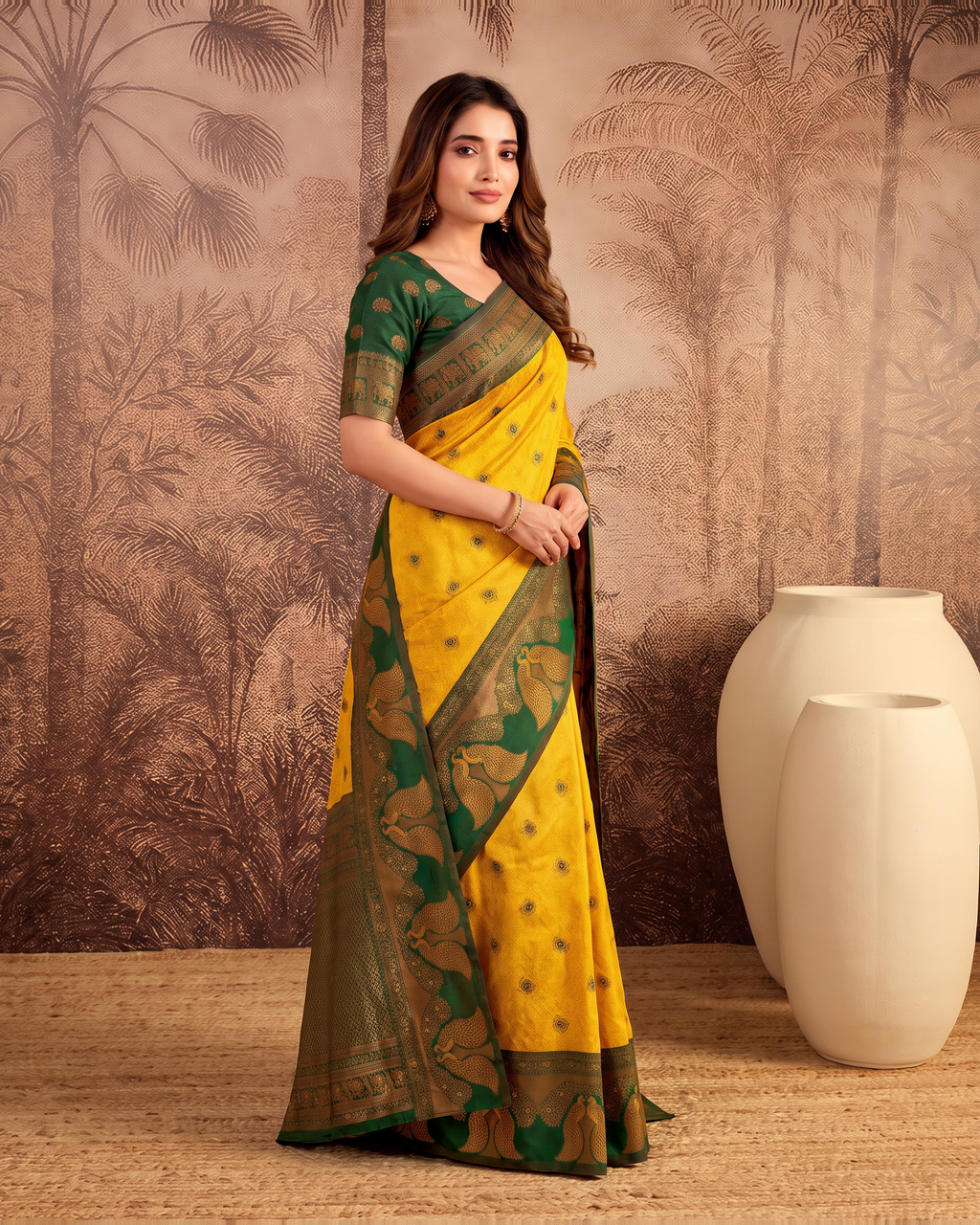 Mishka Colour Rich Festive Saree with Traditional Finish - Mustard Green - side