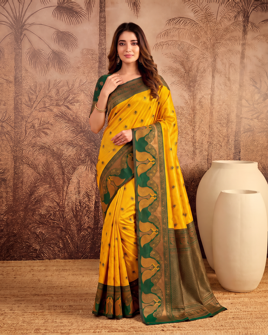 Mishka Colour Rich Festive Saree with Traditional Finish - Mustard Green - upper closeup
