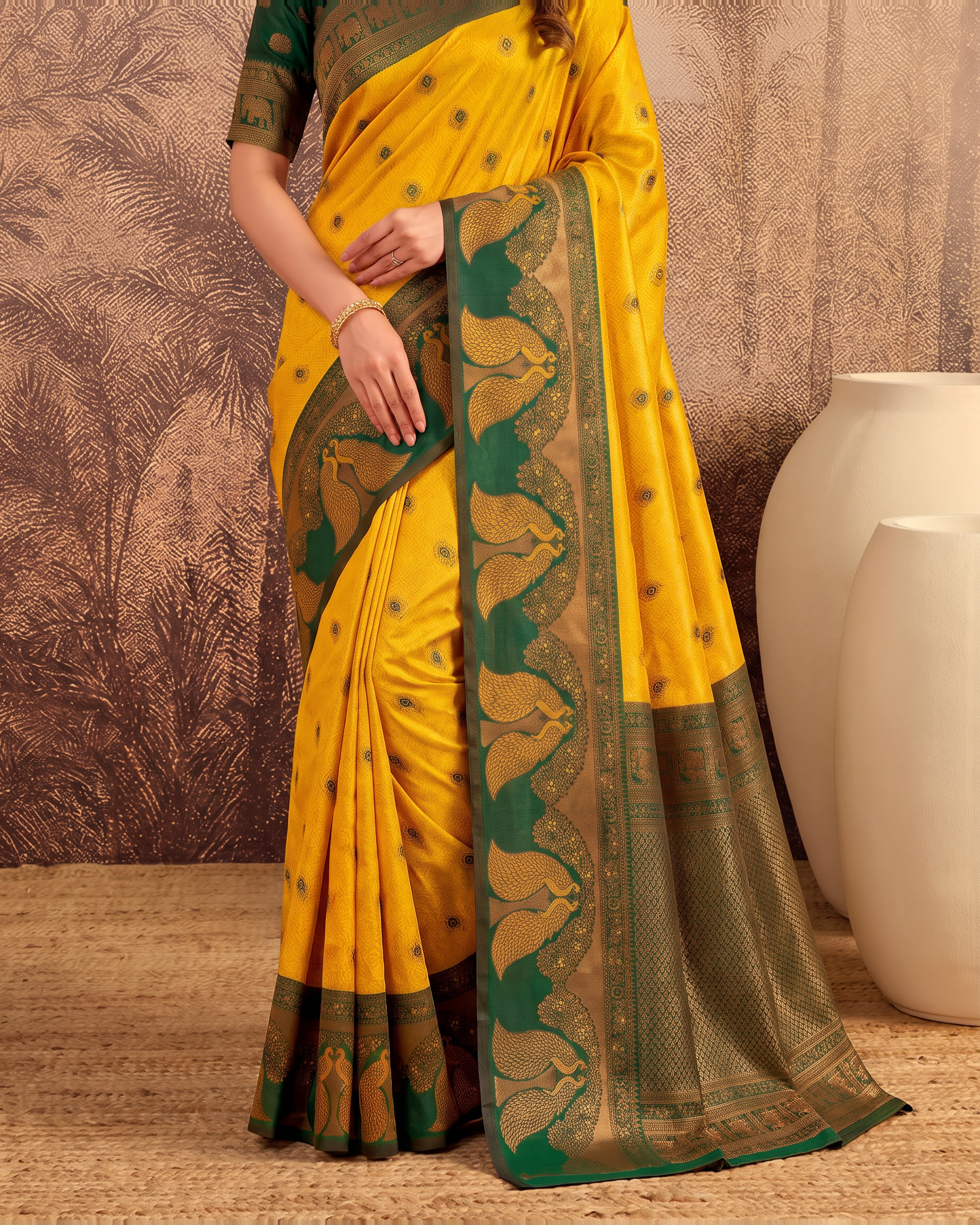 Mishka Colour Rich Festive Saree with Traditional Finish - Mustard Green - lower closeup