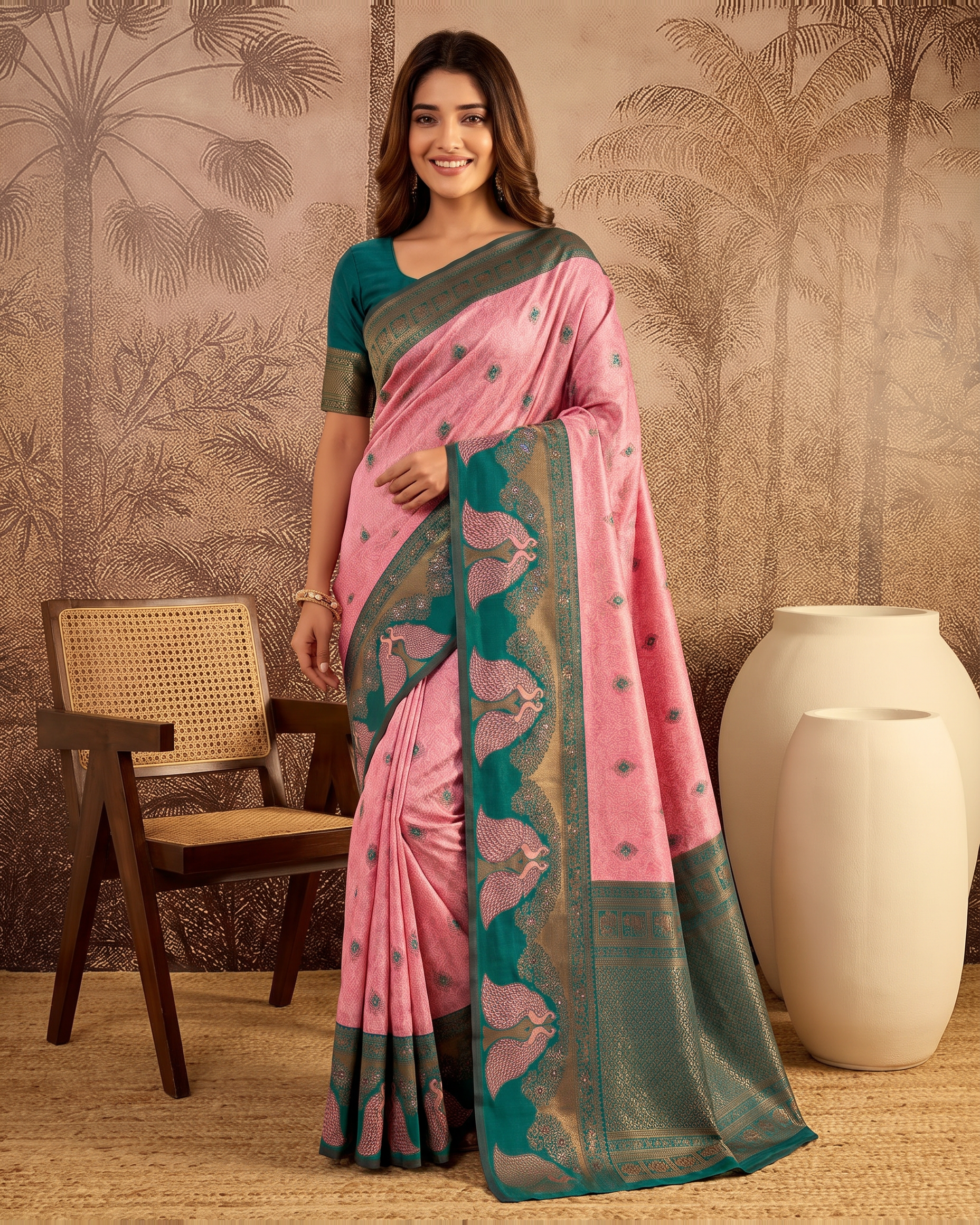 Mishka Colour Rich Festive Saree with Traditional Finish - Pink Green - full saree hero