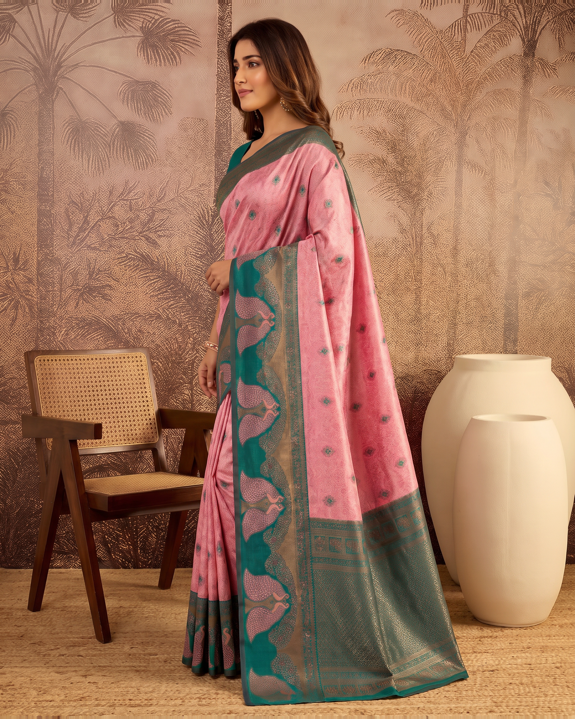 Mishka Colour Rich Festive Saree with Traditional Finish - Pink Green - side
