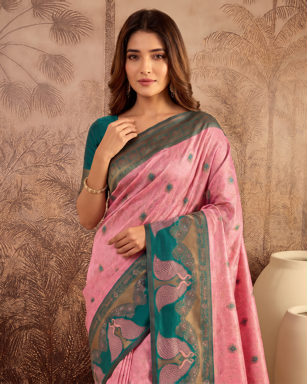 Mishka Colour Rich Festive Saree with Traditional Finish - Pink Green - upper closeup