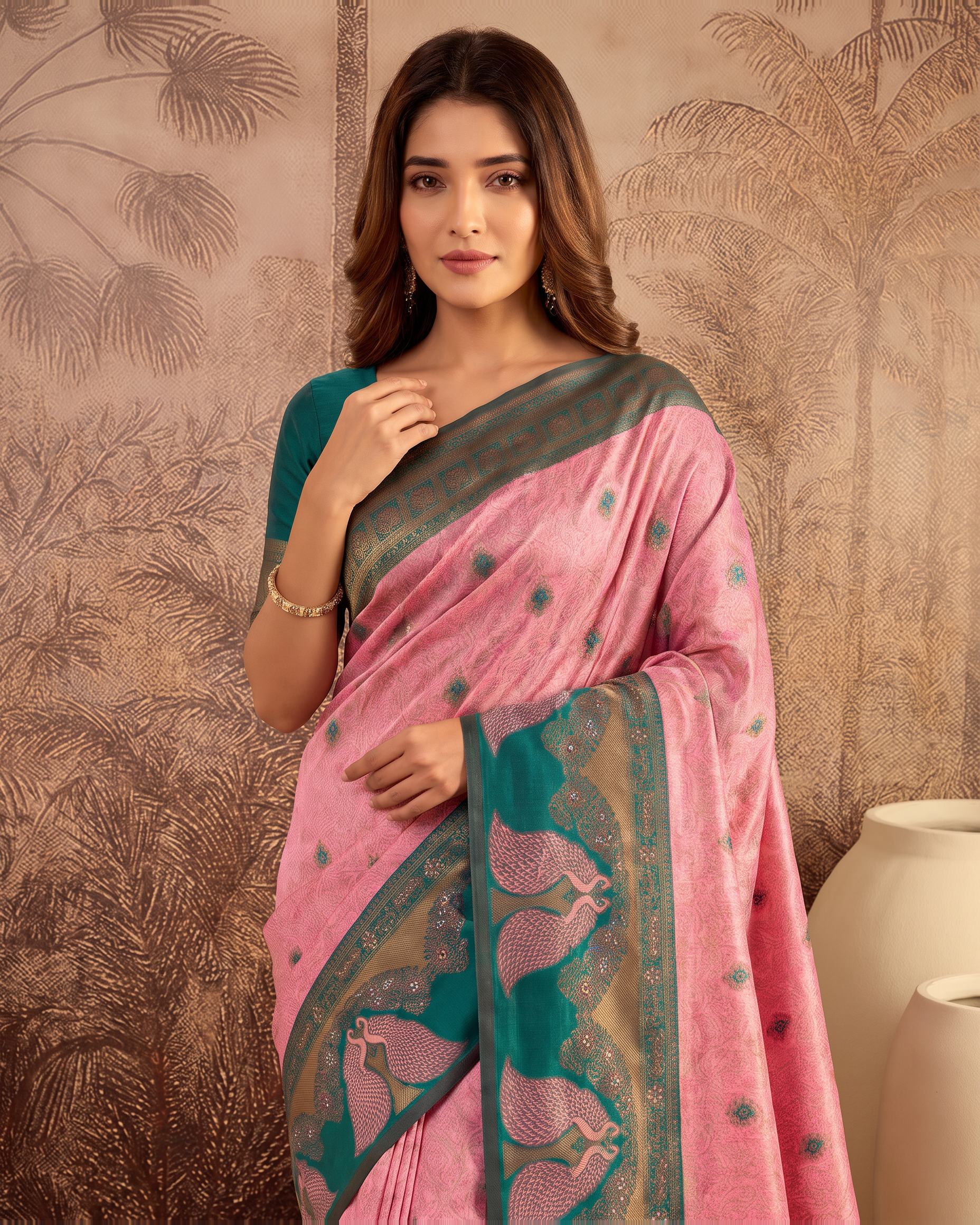 Mishka Colour Rich Festive Saree with Traditional Finish - Pink Green - upper closeup