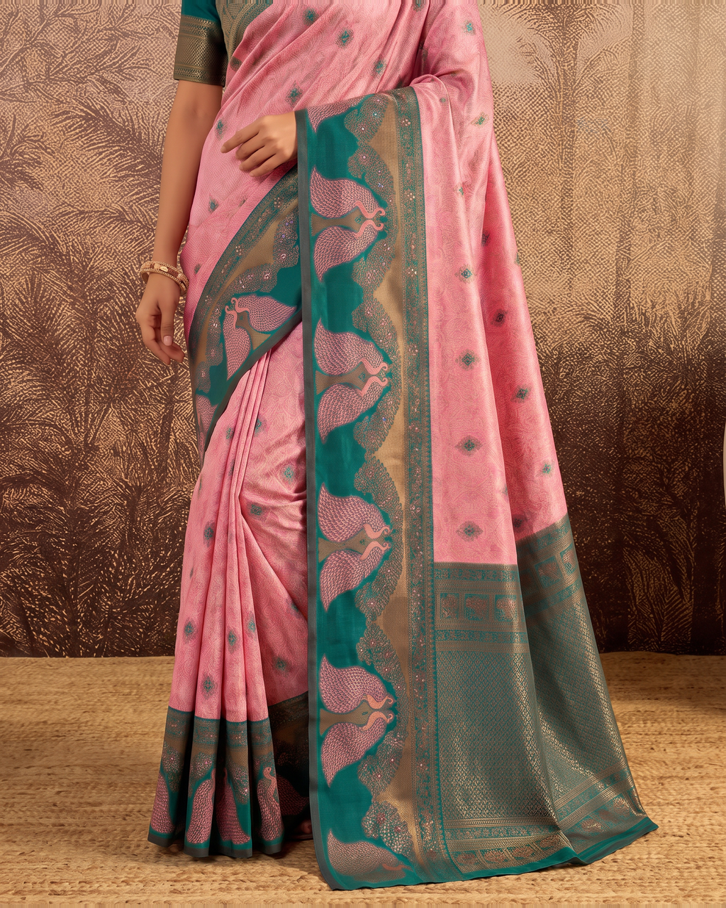 Mishka Colour Rich Festive Saree with Traditional Finish - Pink Green - lower closeup
