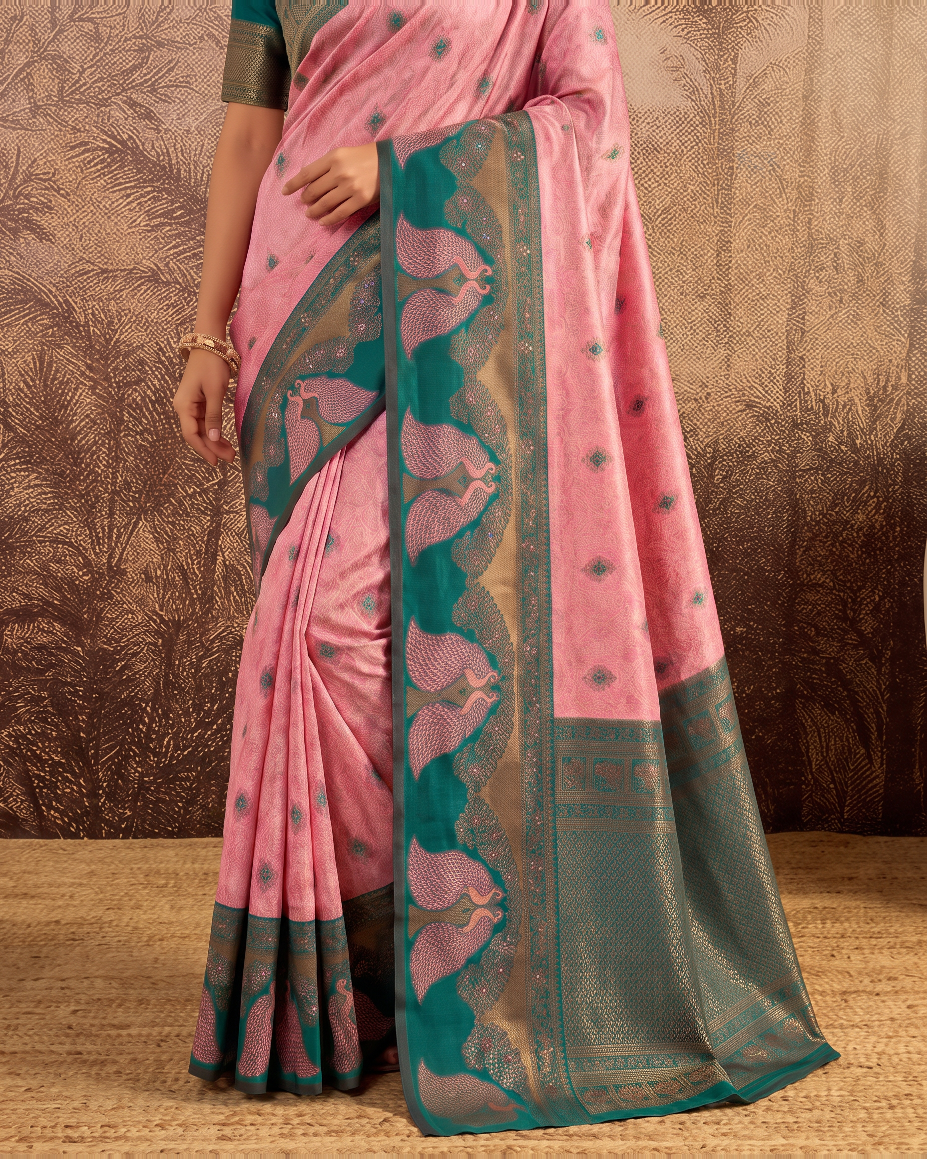 Mishka Colour Rich Festive Saree with Traditional Finish - Pink Green - lower closeup