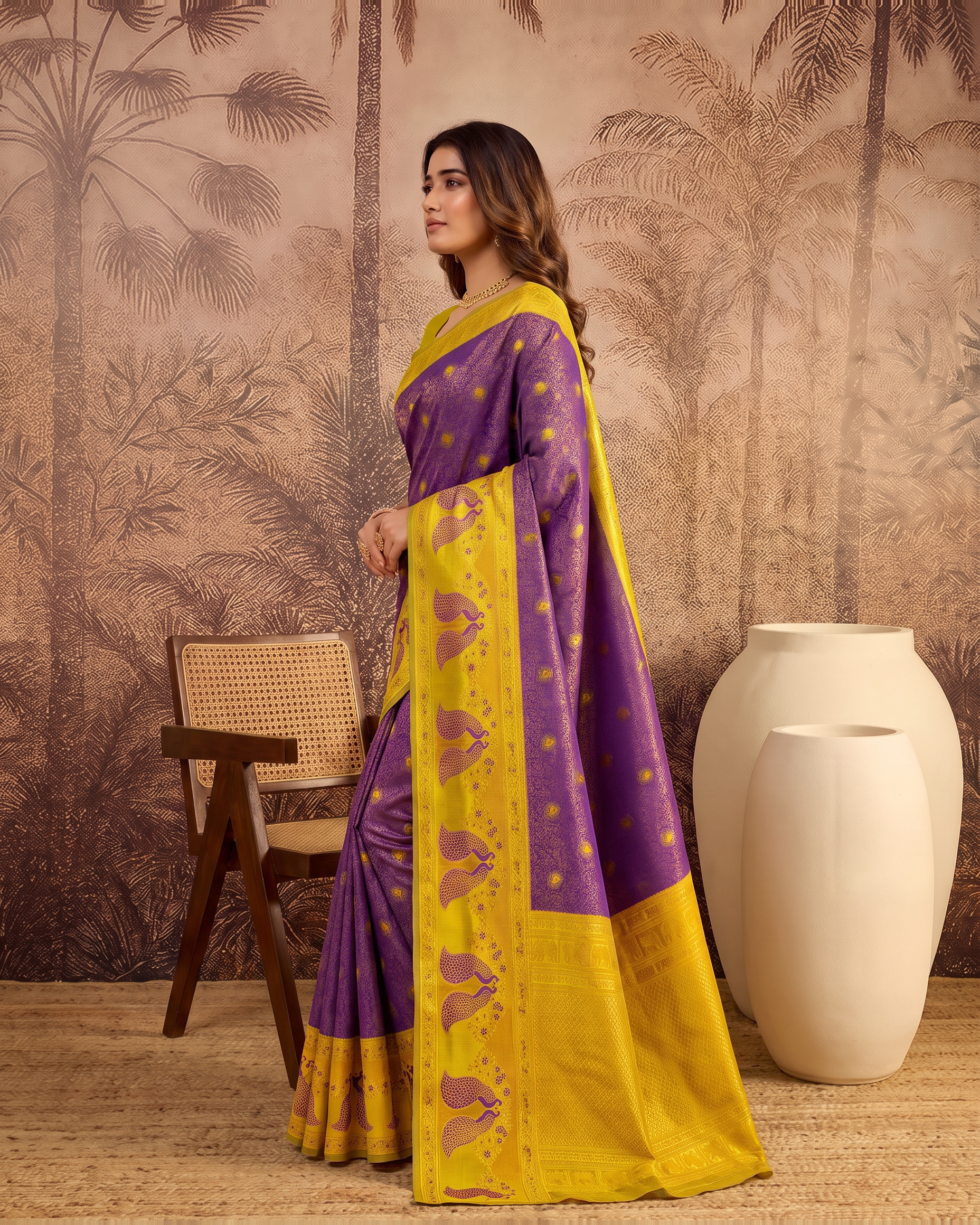 Mishka Colour Rich Festive Saree with Traditional Finish - Purple Yellow - side