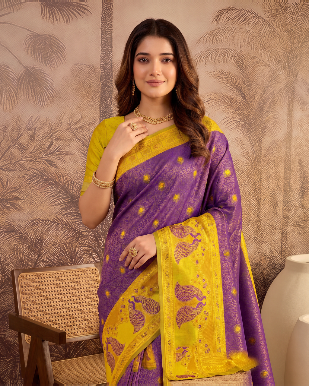 Mishka Colour Rich Festive Saree with Traditional Finish - Purple Yellow - upper closeup