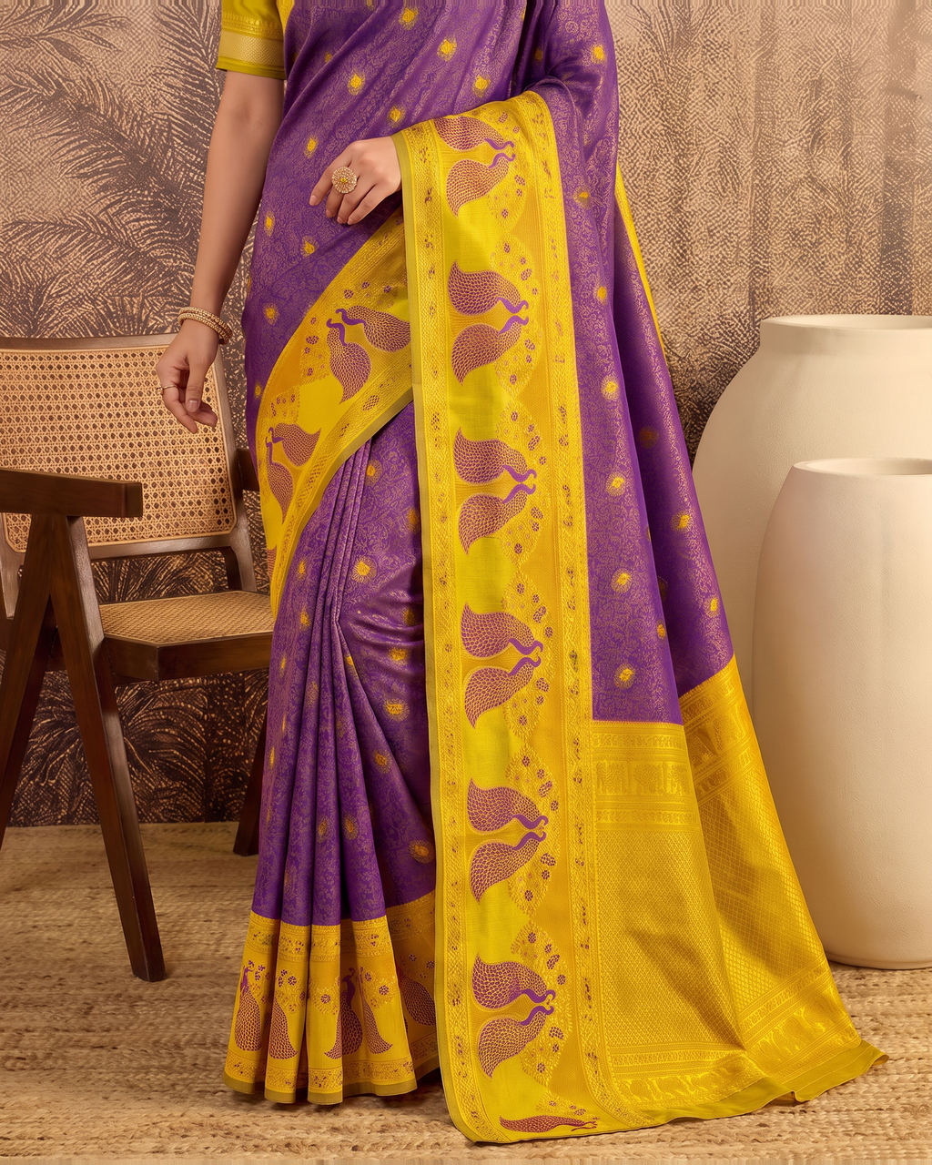 Mishka Colour Rich Festive Saree with Traditional Finish - Purple Yellow - lower closeup
