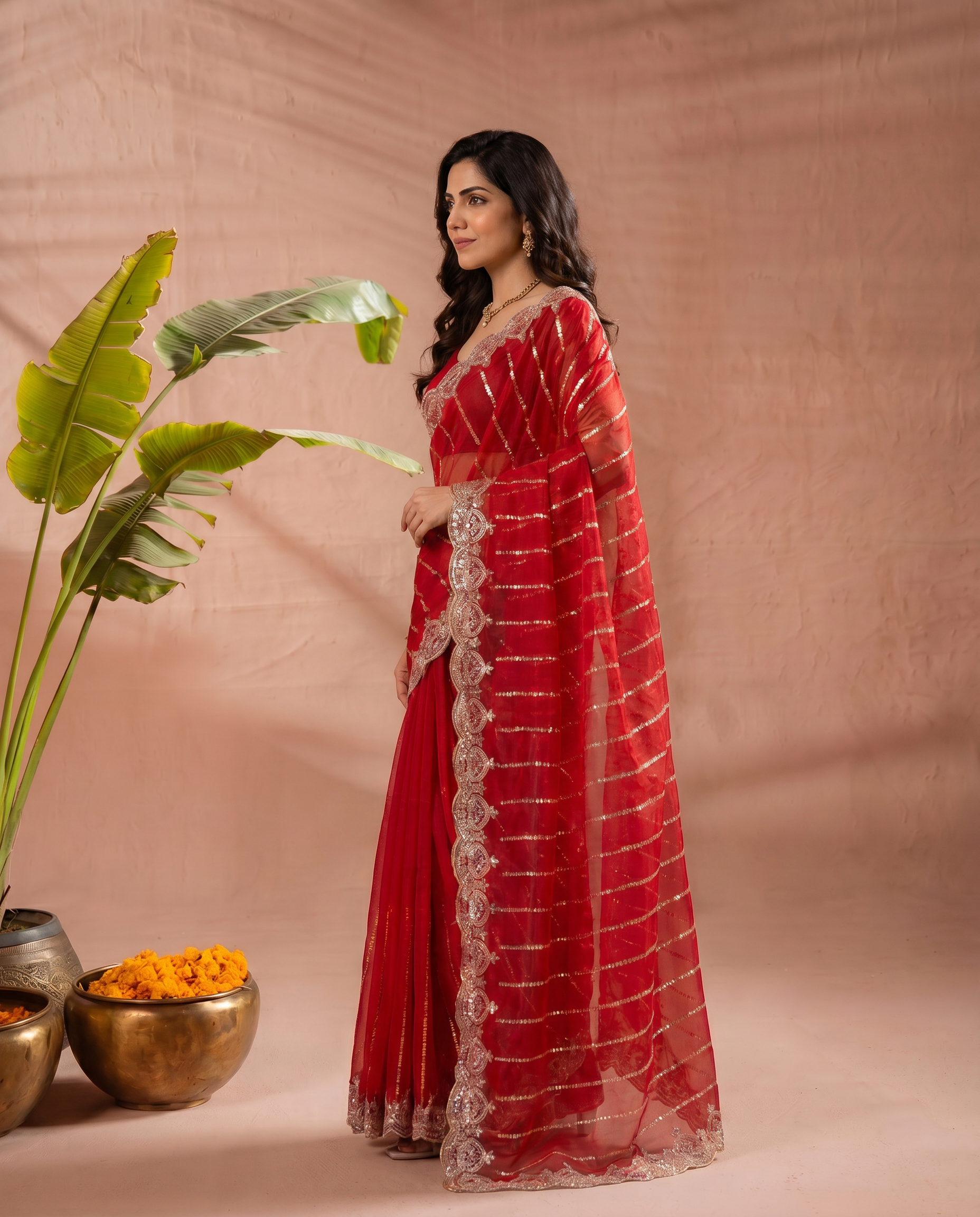 Modern Heritage: Red Net Saree with Black Embroiderd Blouse. - output 0 - 03 side