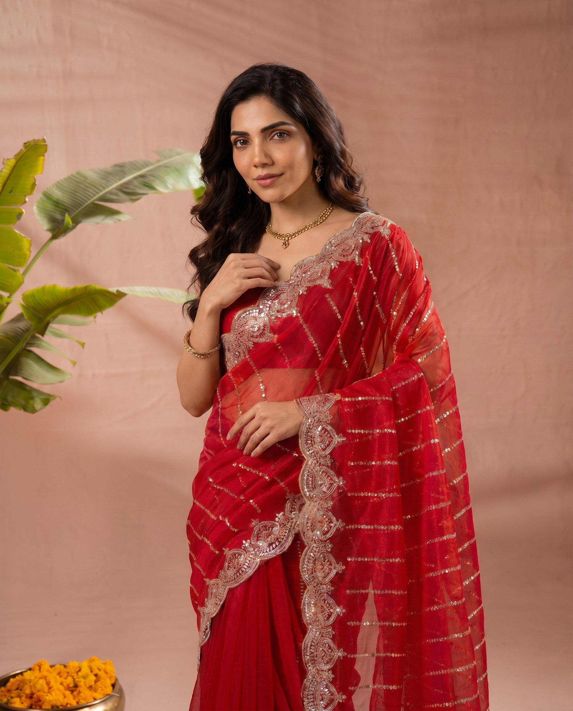 Modern Heritage: Red Net Saree with Black Embroiderd Blouse. - output 0 - 04 upper closeup